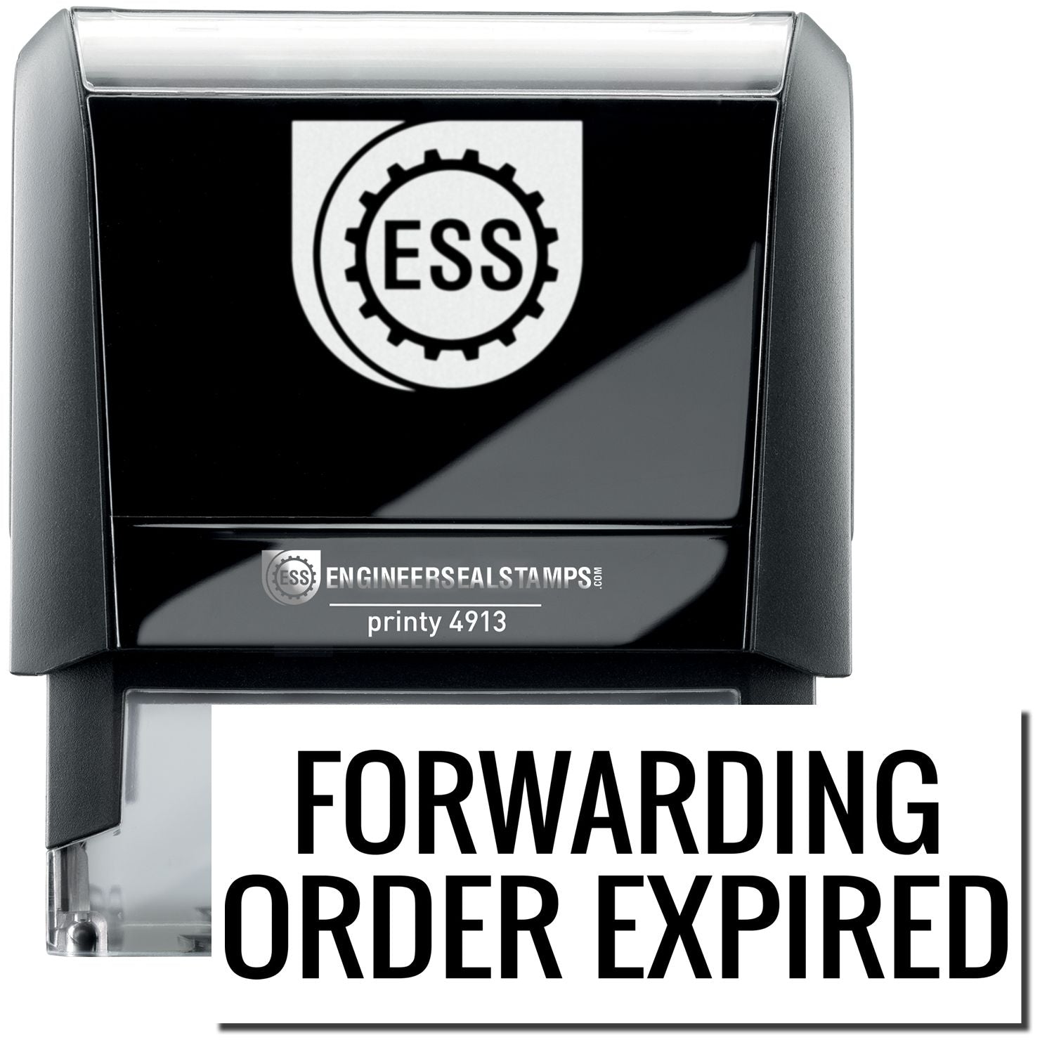 A self-inking stamp with a stamped image showing how the text FORWARDING ORDER EXPIRED in a large font is displayed by it after stamping.