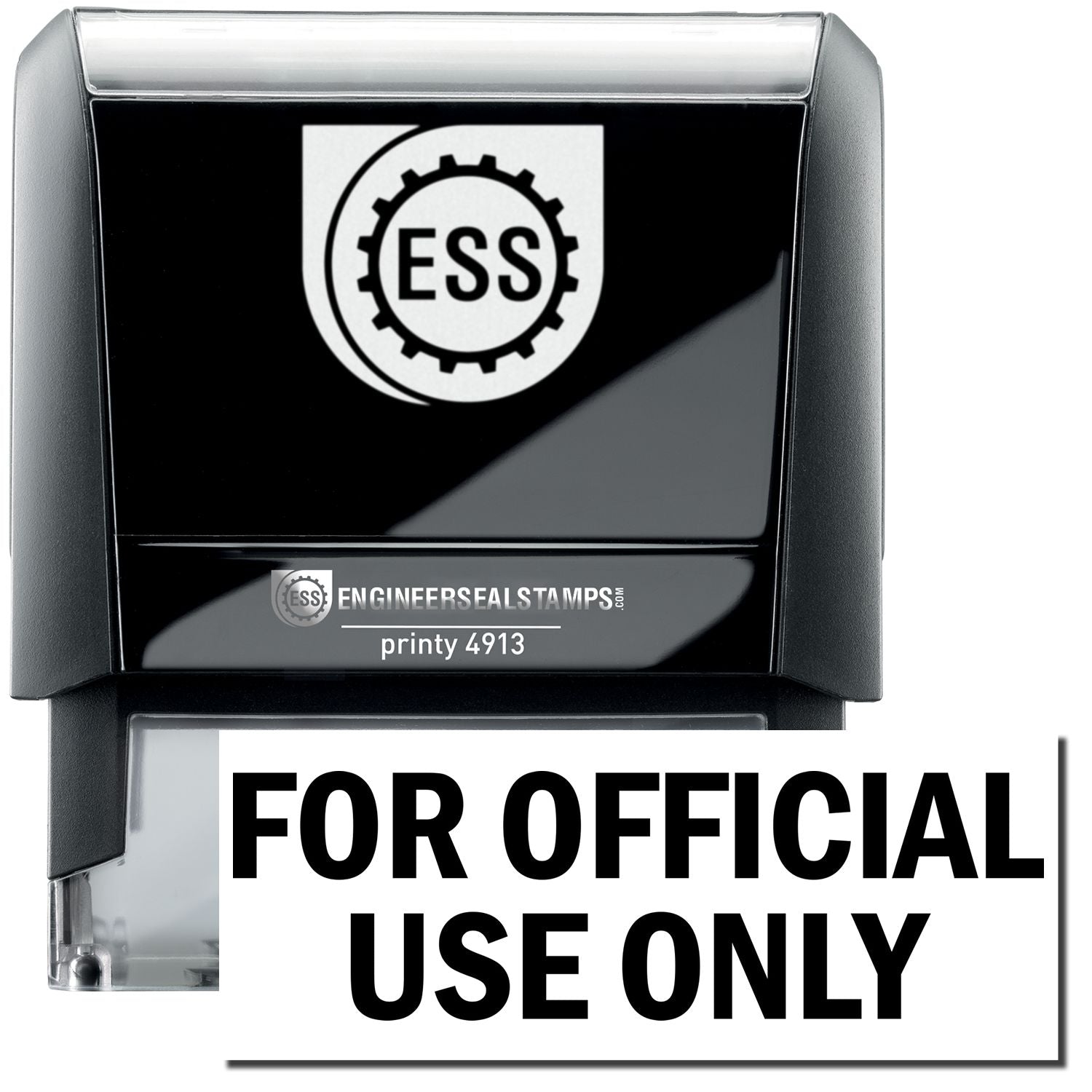 A self-inking stamp with a stamped image showing how the text "FOR OFFICIAL USE ONLY" in a large font is displayed by it after stamping.