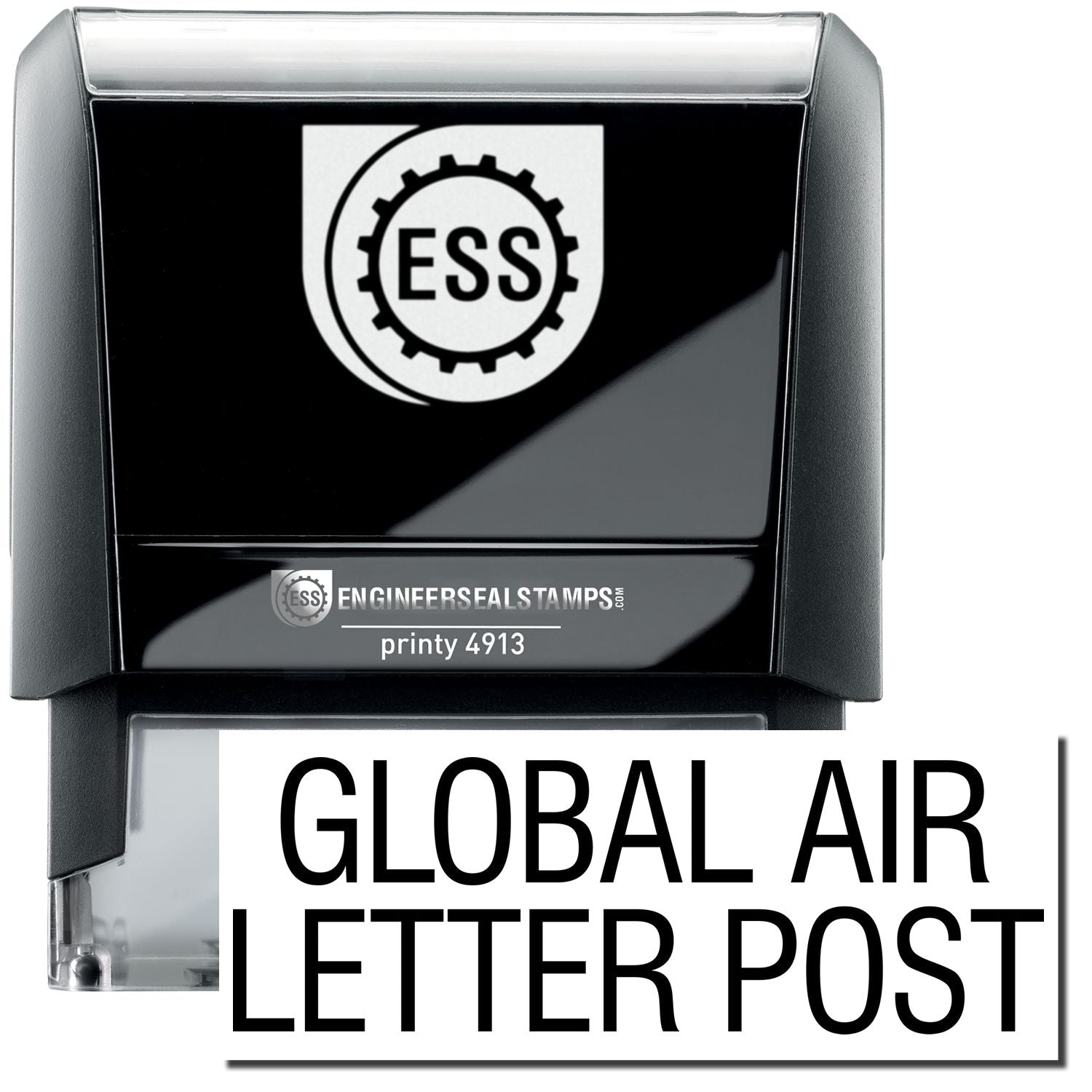 A self-inking stamp with a stamped image showing how the text GLOBAL AIR LETTER POST in a large font is displayed by it after stamping.