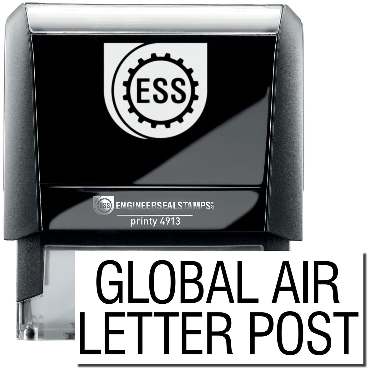 A self-inking stamp with a stamped image showing how the text &quot;GLOBAL AIR LETTER POST&quot; in a large font is displayed by it after stamping.