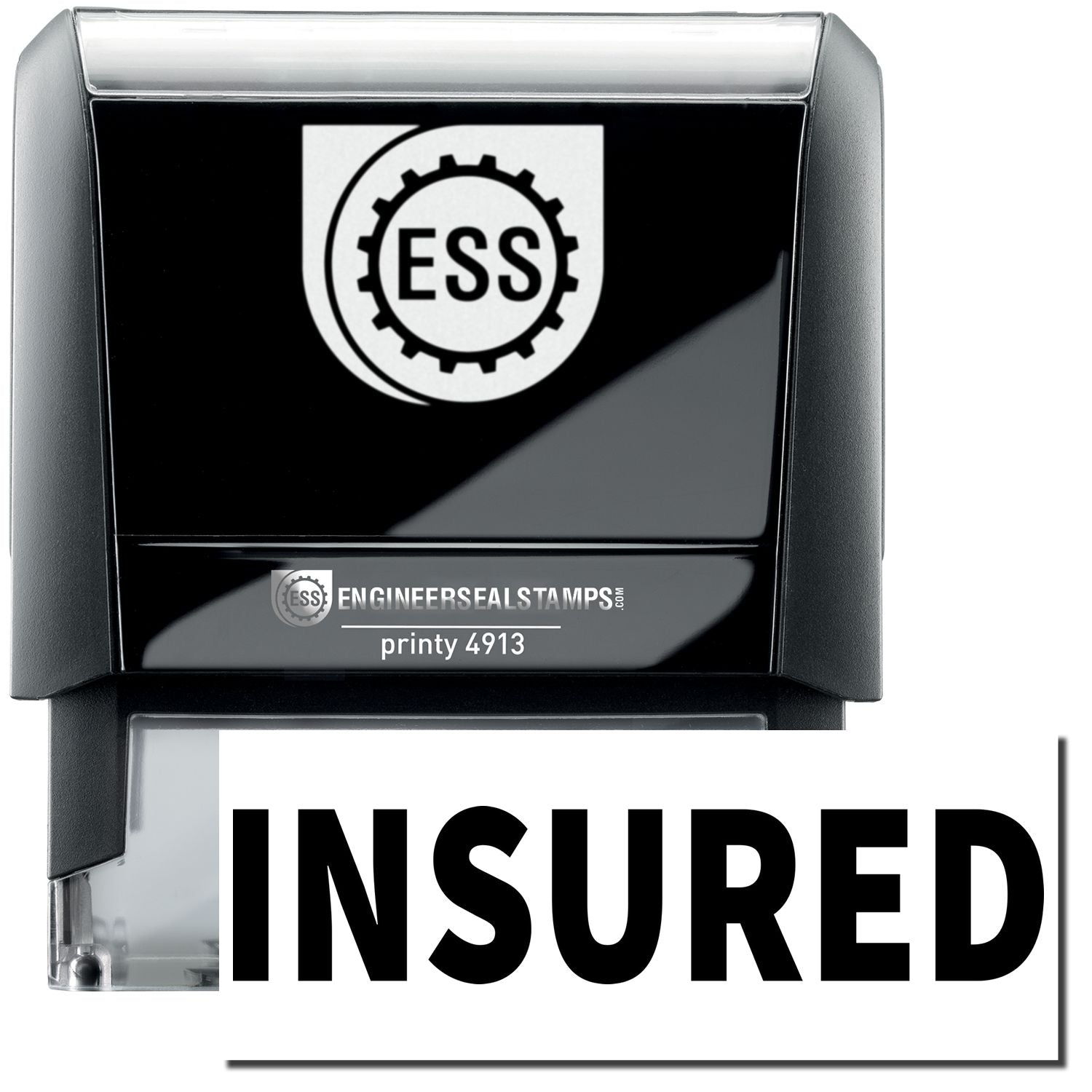 A self-inking stamp with a stamped image showing how the text INSURED in a large bold font is displayed by it after stamping.