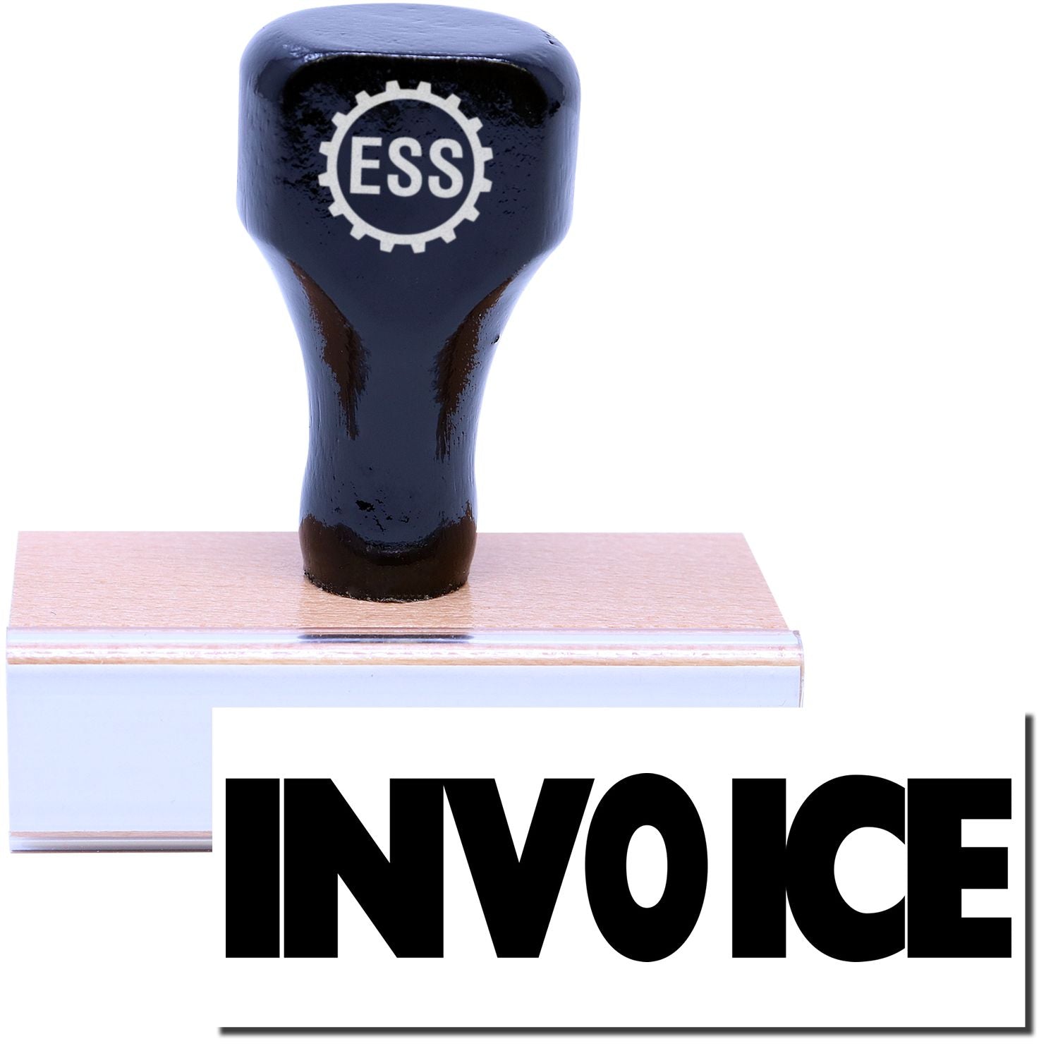 A stock office rubber stamp with a stamped image showing how the text "INVOICE" in a large font is displayed after stamping.