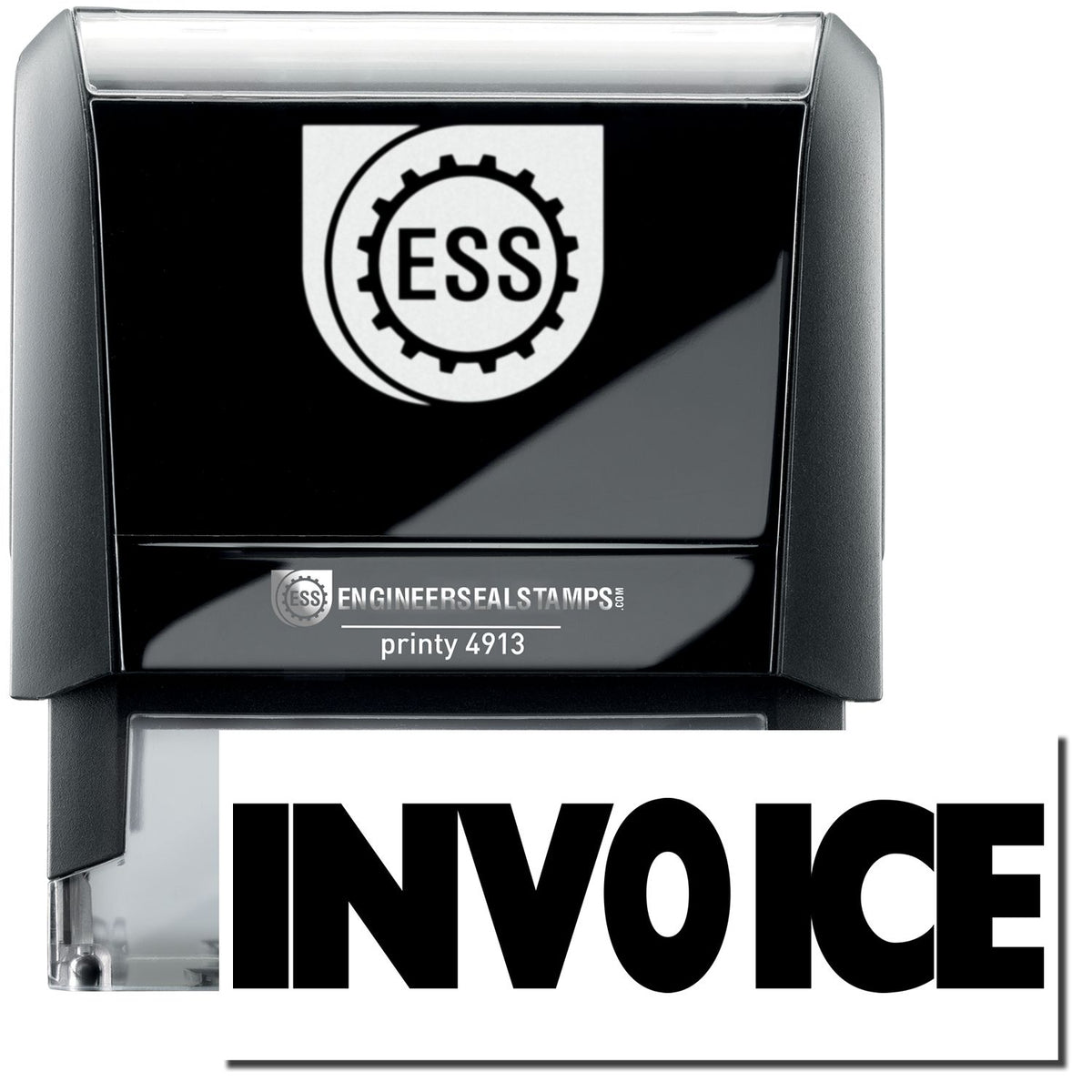 A self-inking stamp with a stamped image showing how the text &quot;INVOICE&quot; in a large bold font is displayed by it after stamping.
