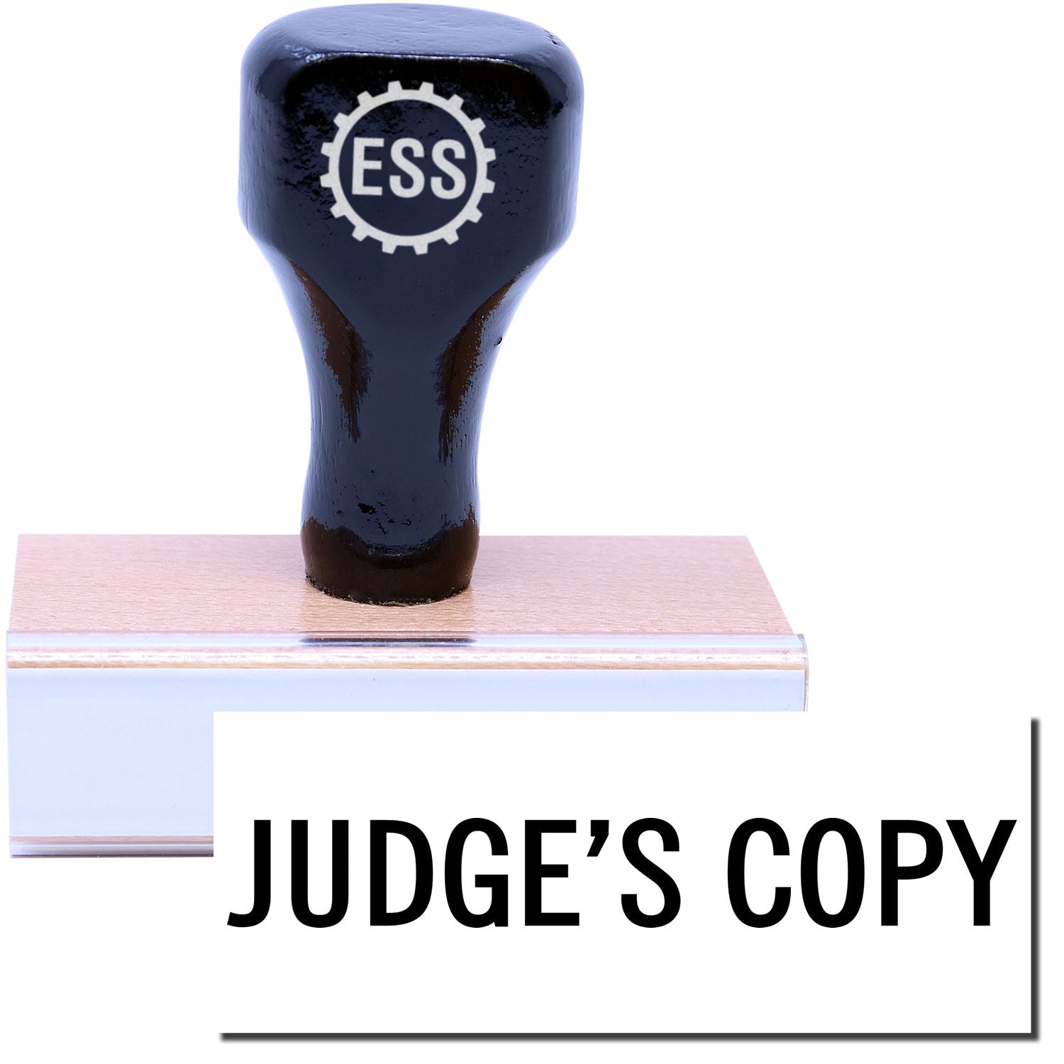 A stock office rubber stamp with a stamped image showing how the text "JUDGE'S COPY" in a large font is displayed after stamping.