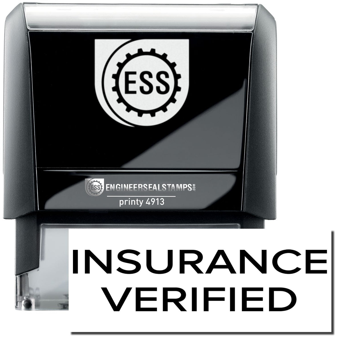 A self-inking stamp with a stamped image showing how the text &quot;INSURANCE VERIFIED&quot; in a large narrow font is displayed by it after stamping.