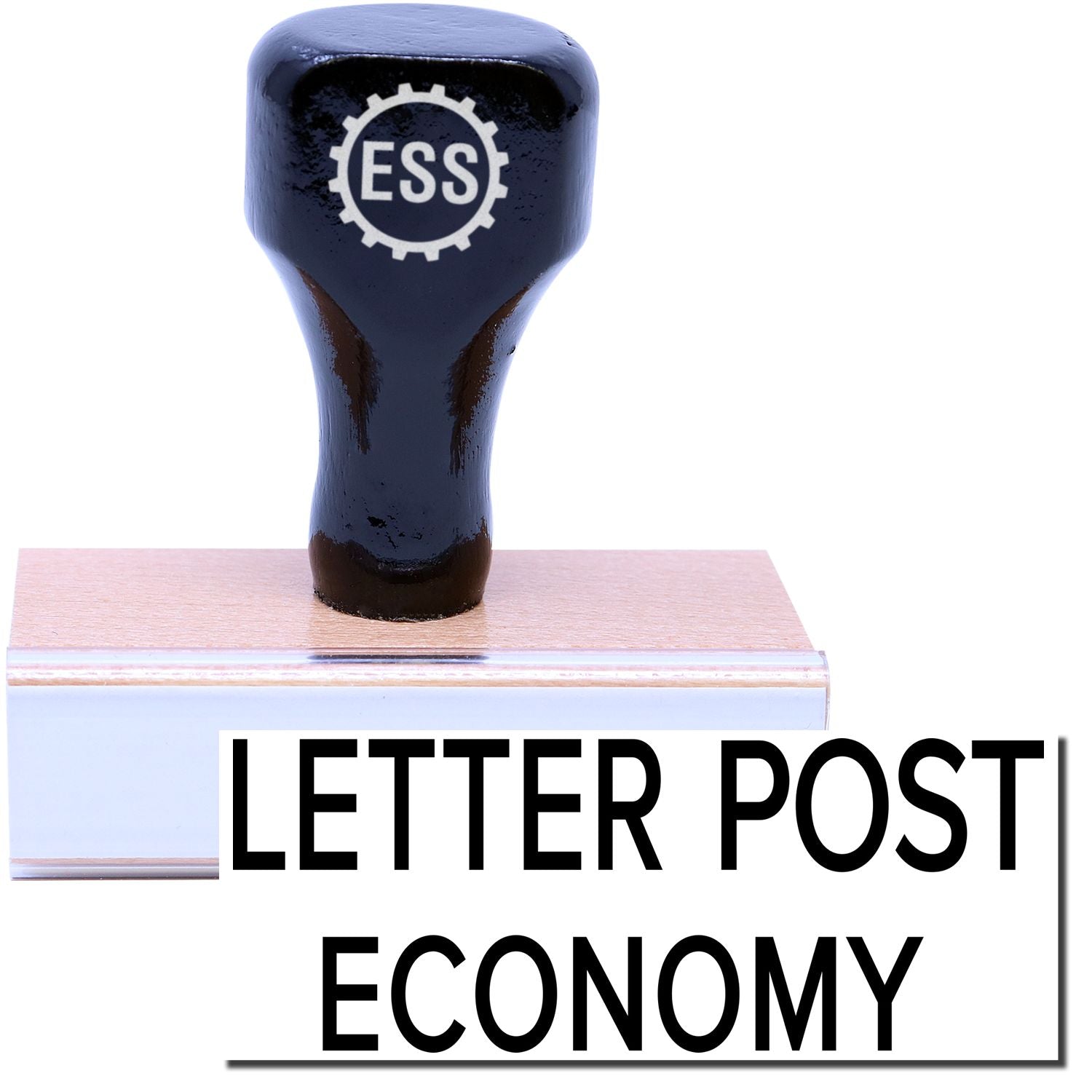 A stock office rubber stamp with a stamped image showing how the text LETTER POST ECONOMY in a large font is displayed after stamping.