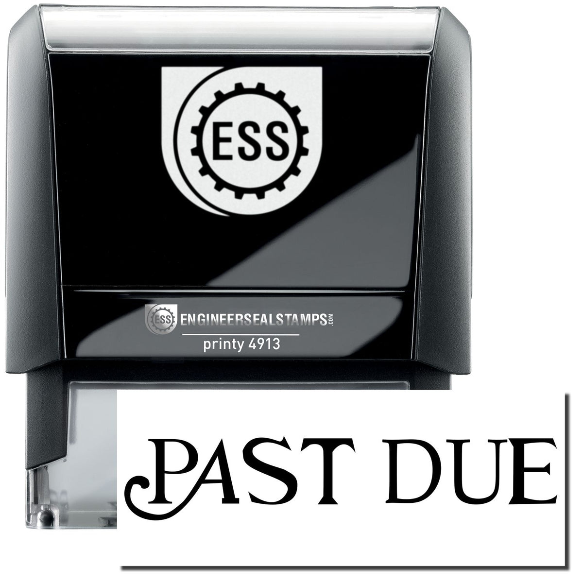 A self-inking stamp with a stamped image showing how the text &quot;PAST DUE&quot; in a large curley font is displayed by it after stamping.