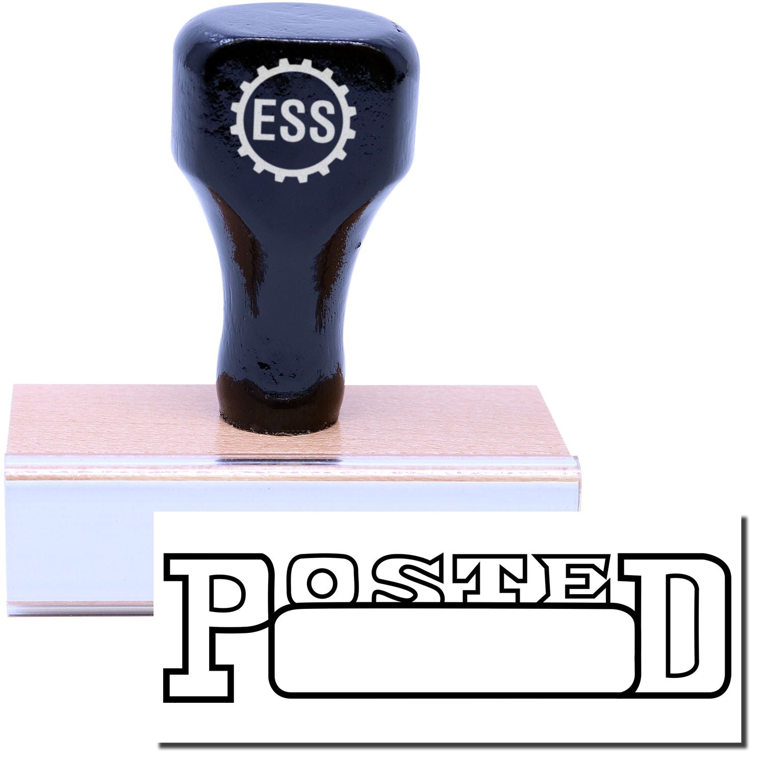 A stock office rubber stamp with a stamped image showing how the text POSTED in a large outline font with a date box is displayed after stamping.