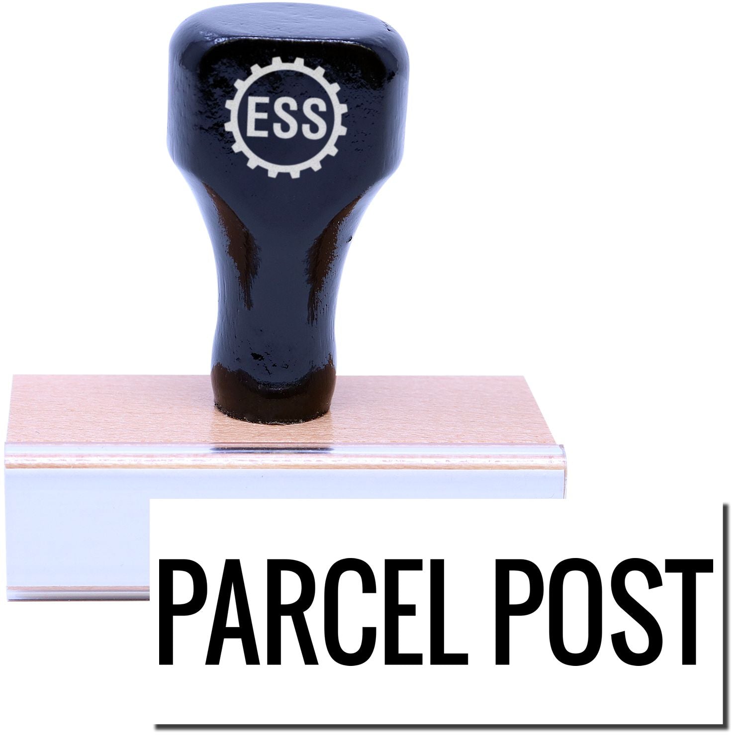 A stock office rubber stamp with a stamped image showing how the text PARCEL POST in a large font is displayed after stamping.