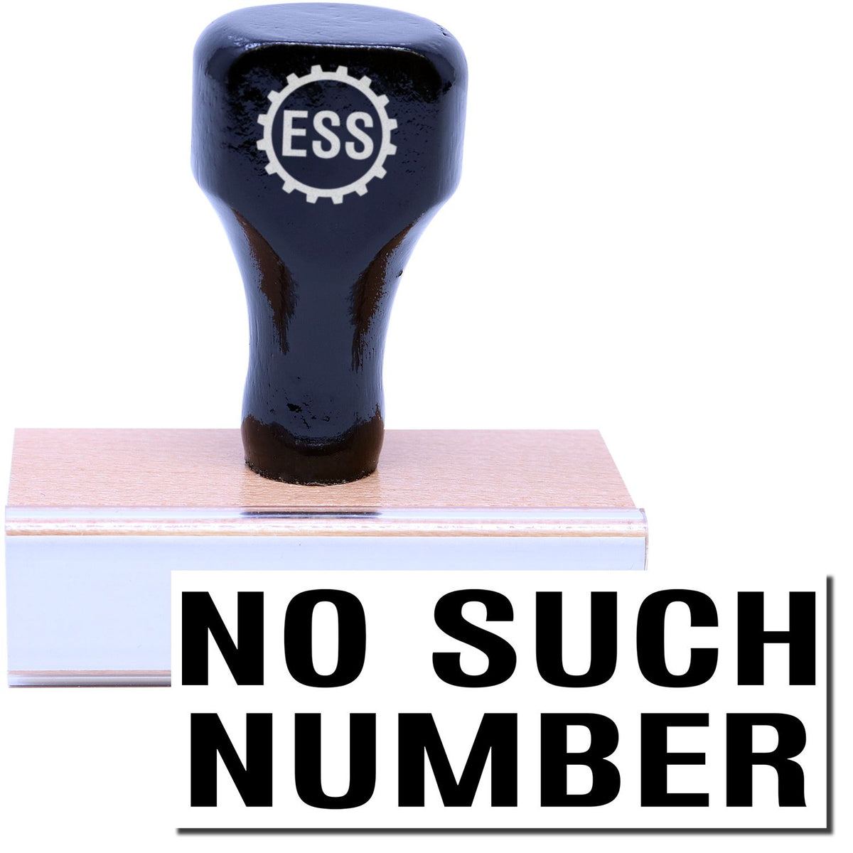 A stock office rubber stamp with a stamped image showing how the text &quot;NO SUCH NUMBER&quot; in a large font is displayed after stamping.