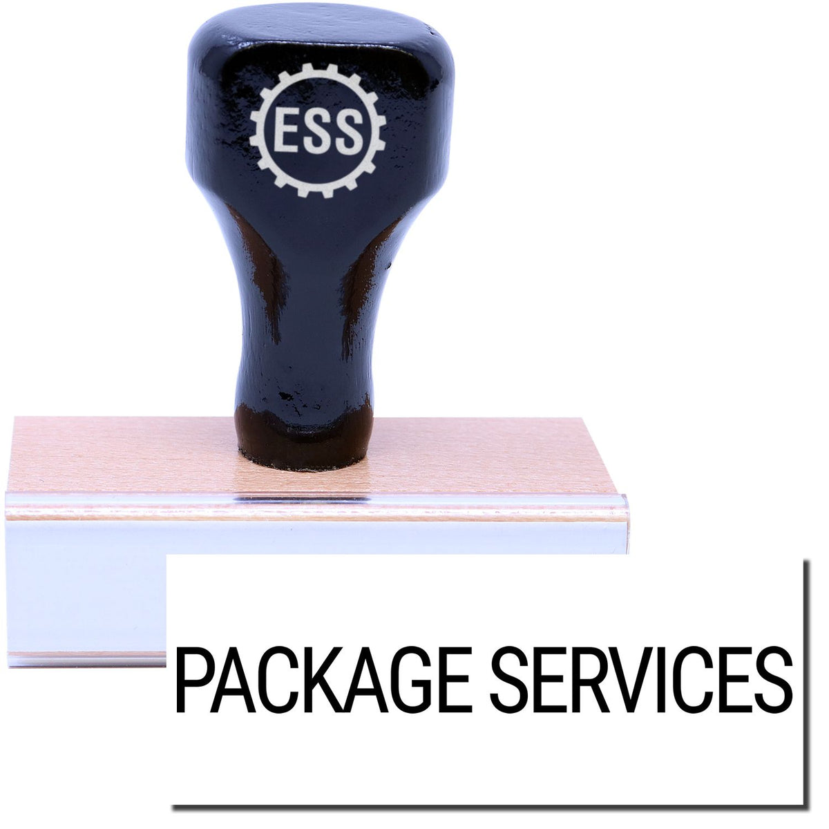 A stock office rubber stamp with a stamped image showing how the text &quot;PACKAGE SERVICES&quot; in a large font is displayed after stamping.