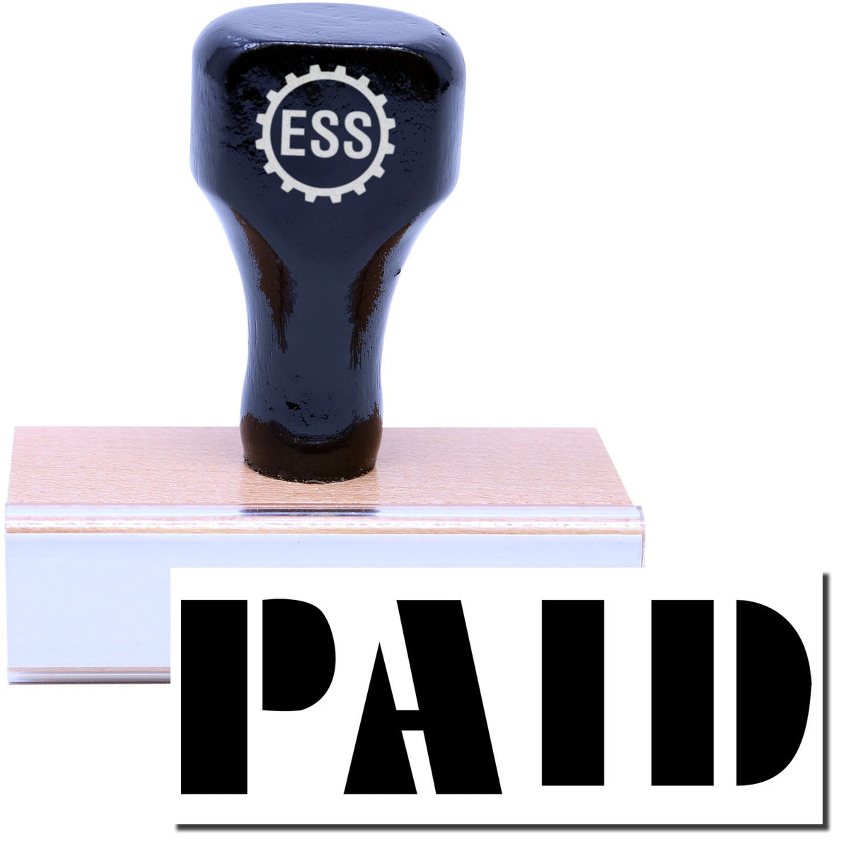 A stock office rubber stamp with a stamped image showing how the text &quot;PAID&quot; in a large bold font is displayed after stamping.