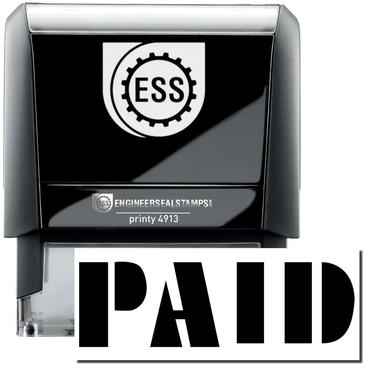 A self-inking stamp with a stamped image showing how the text &quot;PAID&quot; in a unique large bold font is displayed by it after stamping.