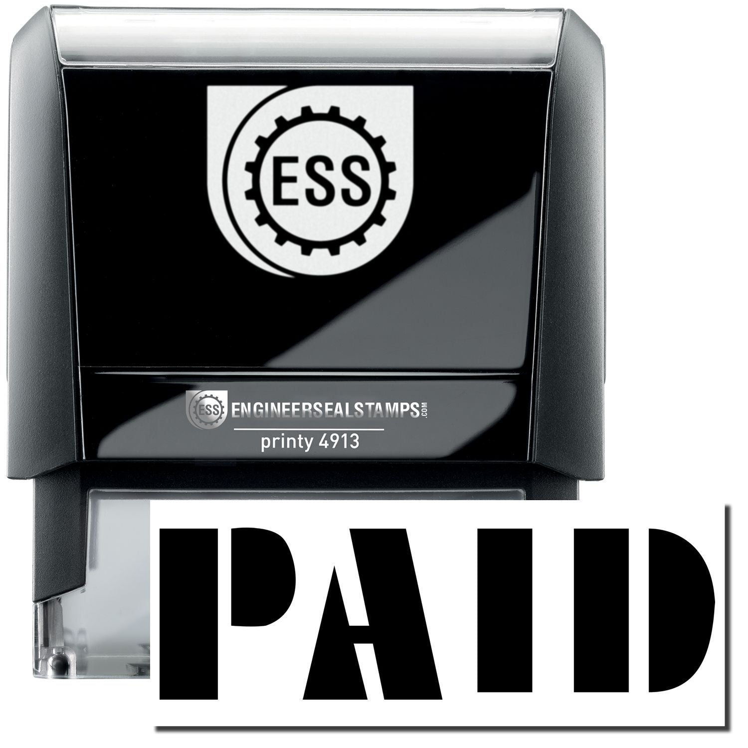 A self-inking stamp with a stamped image showing how the text "PAID" in a unique large bold font is displayed by it after stamping.