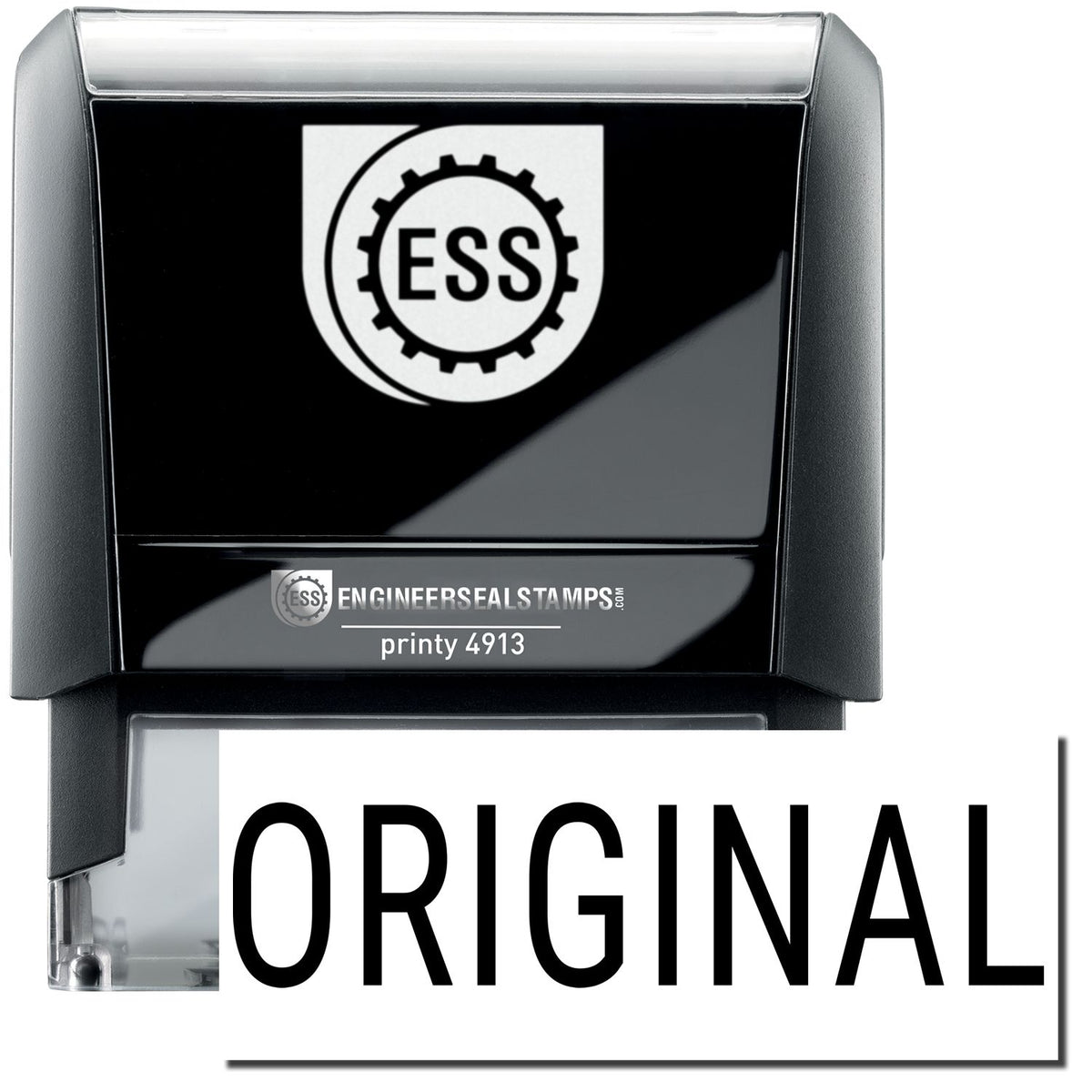 A self-inking stamp with a stamped image showing how the text &quot;ORIGINAL&quot; in a large narrow font is displayed by it after stamping.