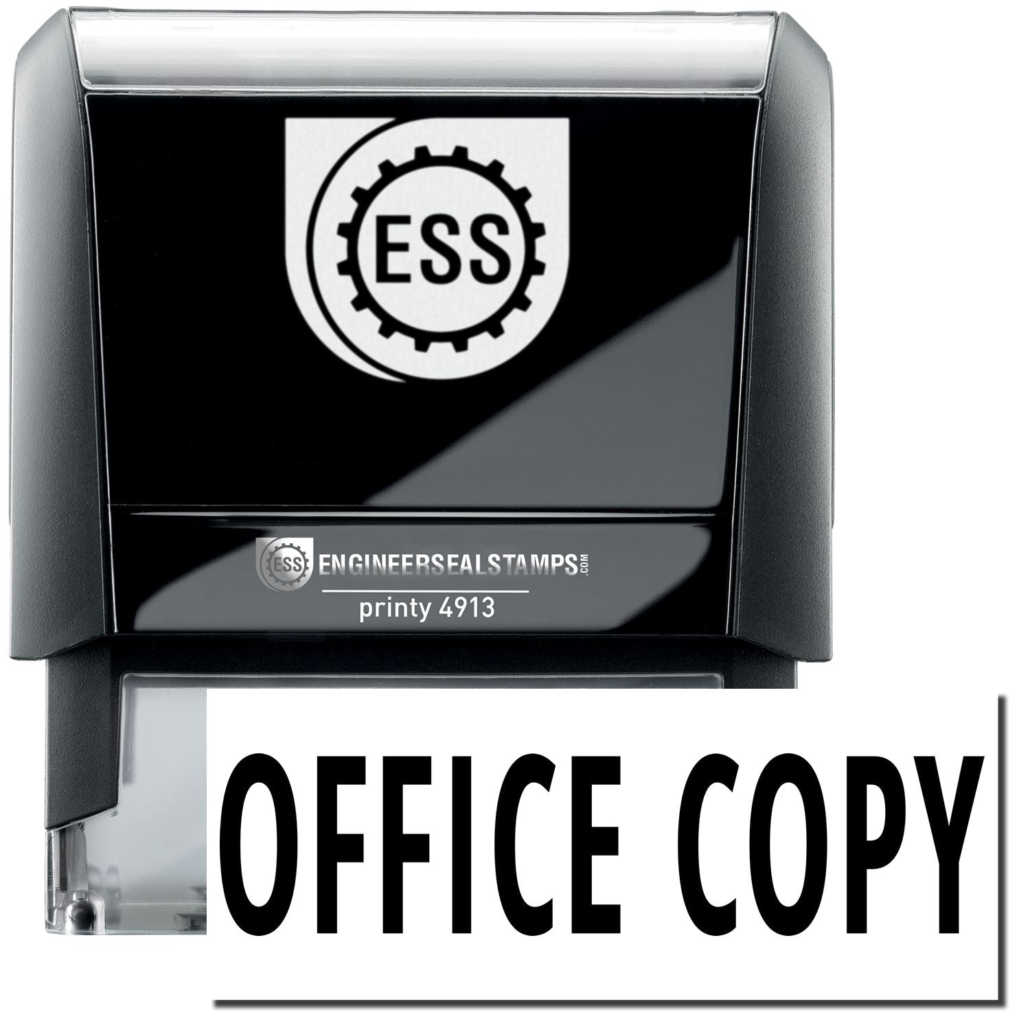 A self-inking stamp with a stamped image showing how the text OFFICE COPY in a large font is displayed by it after stamping.