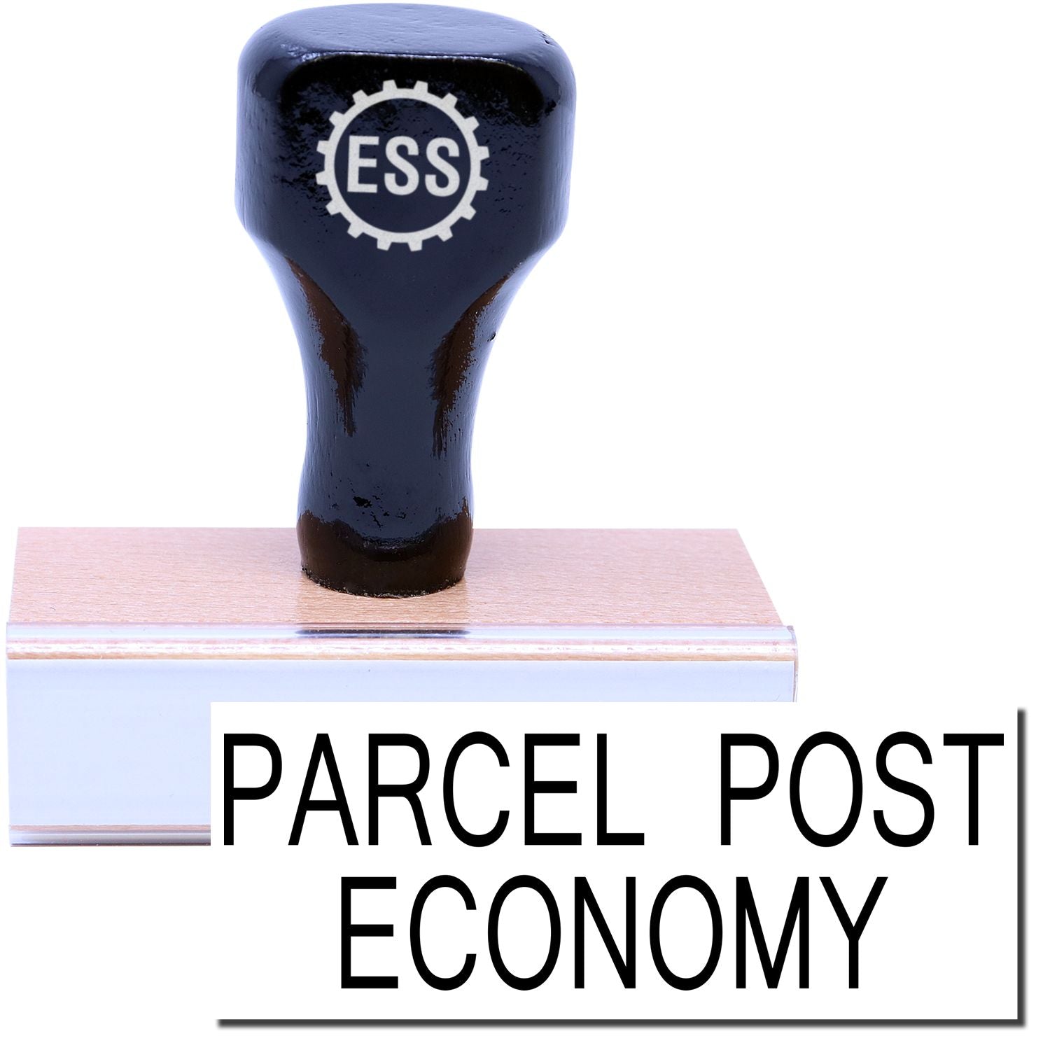 A stock office rubber stamp with a stamped image showing how the text PARCEL POST ECONOMY in a large font is displayed after stamping.