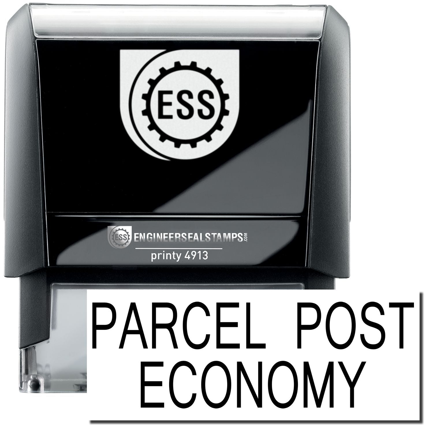 A self-inking stamp with a stamped image showing how the text PARCEL POST ECONOMY in a large font is displayed by it after stamping.