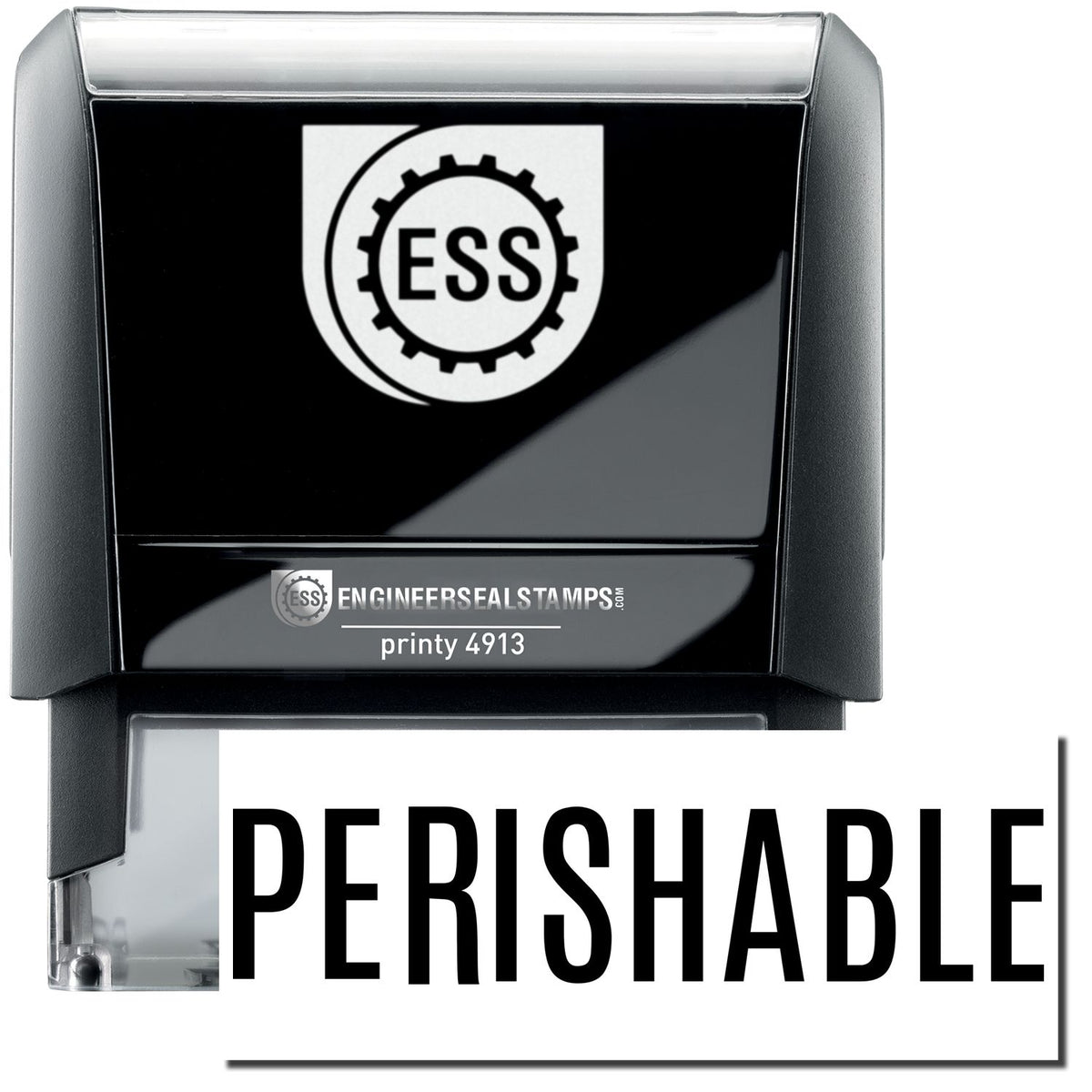 A self-inking stamp with a stamped image showing how the text &quot;PERISHABLE&quot; in a large font is displayed by it after stamping.