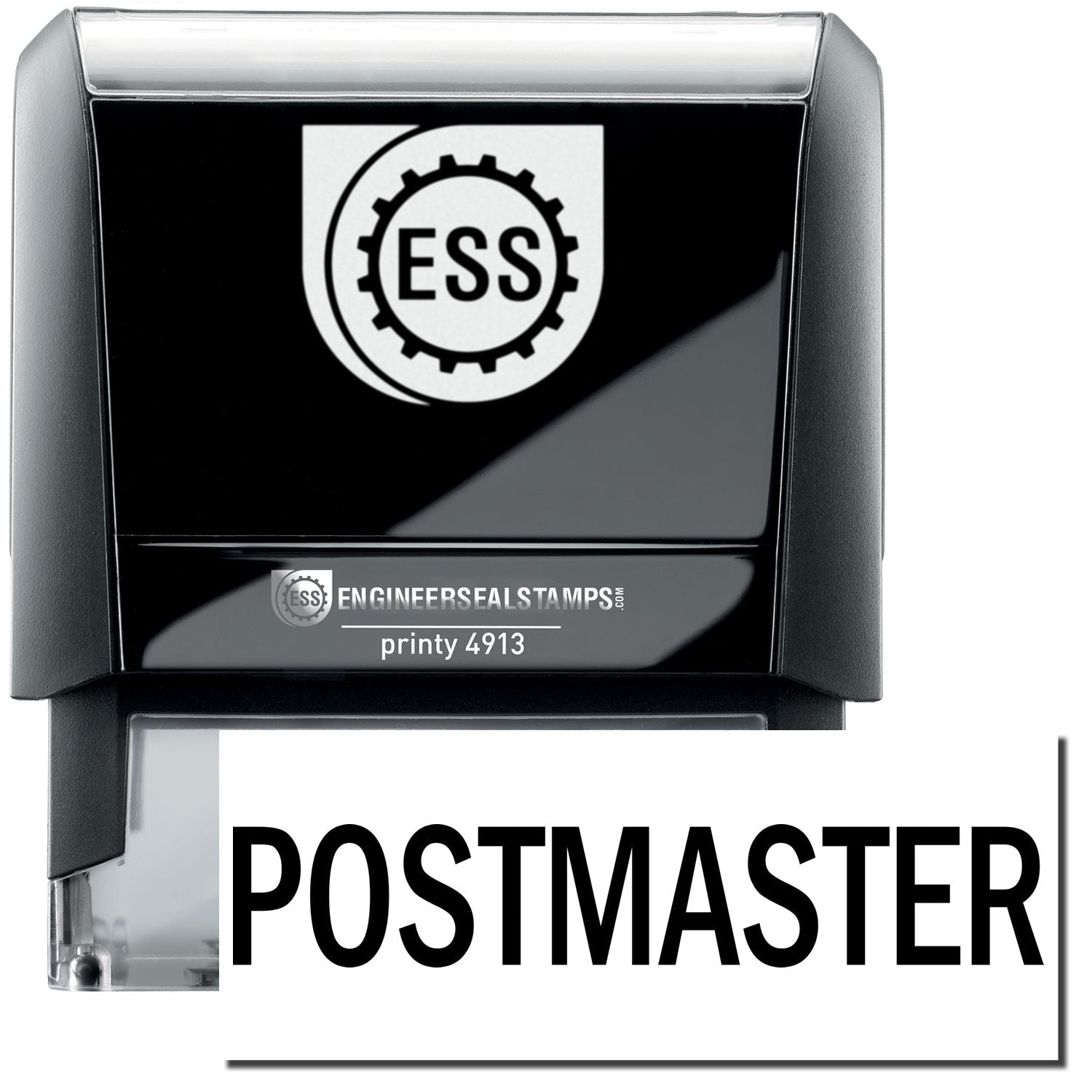 A self-inking stamp with a stamped image showing how the text POSTMASTER in a large font is displayed by it after stamping.