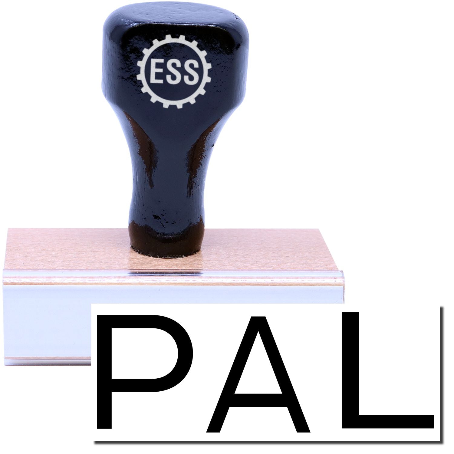 A stock office rubber stamp with a stamped image showing how the text "PAL" in a large font is displayed after stamping.