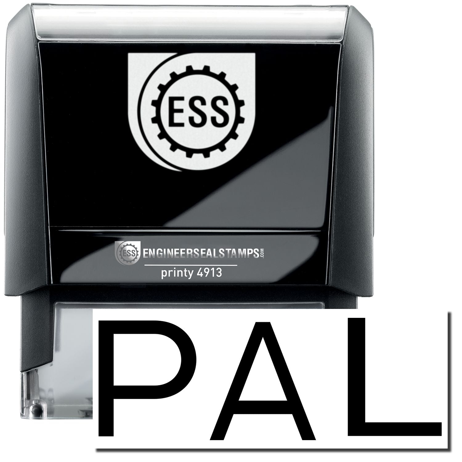 A self-inking stamp with a stamped image showing how the text PAL in a large font is displayed by it after stamping.