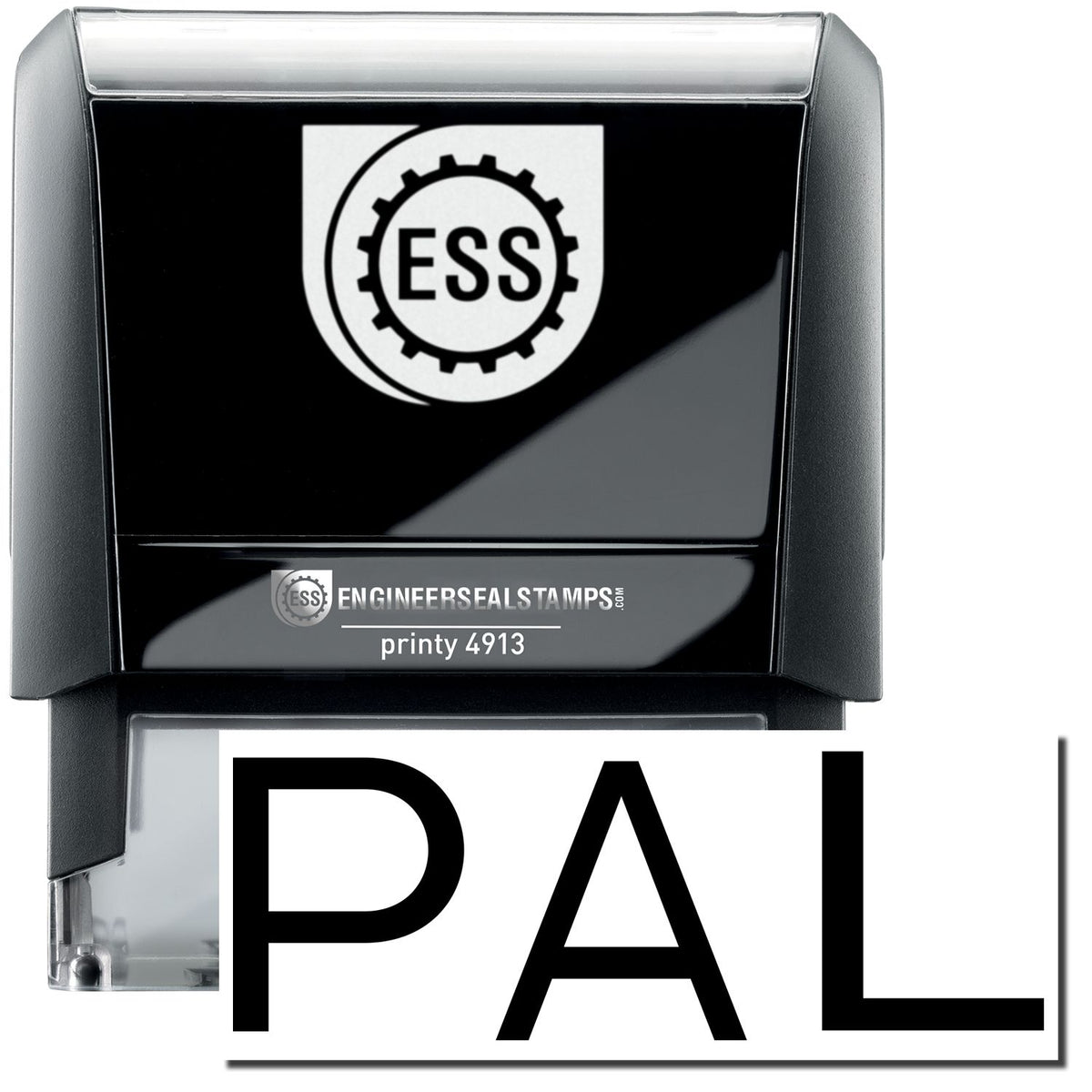 A self-inking stamp with a stamped image showing how the text &quot;PAL&quot; in a large font is displayed by it after stamping.
