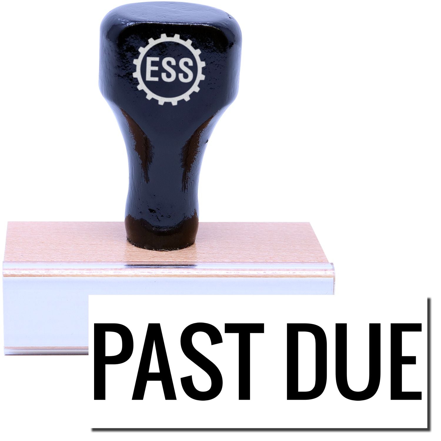 A stock office rubber stamp with a stamped image showing how the text "PAST DUE" in a large narrow bold font is displayed after stamping.