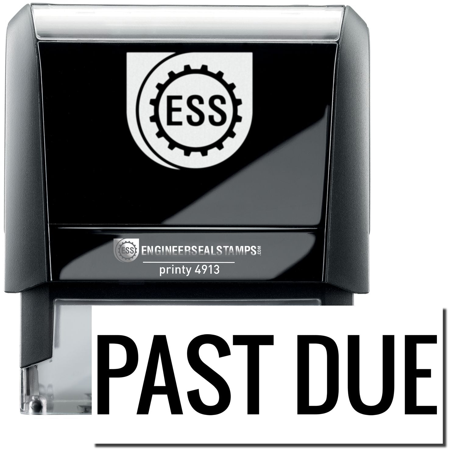 A self-inking stamp with a stamped image showing how the text PAST DUE in a large narrow bold font is displayed by it after stamping.