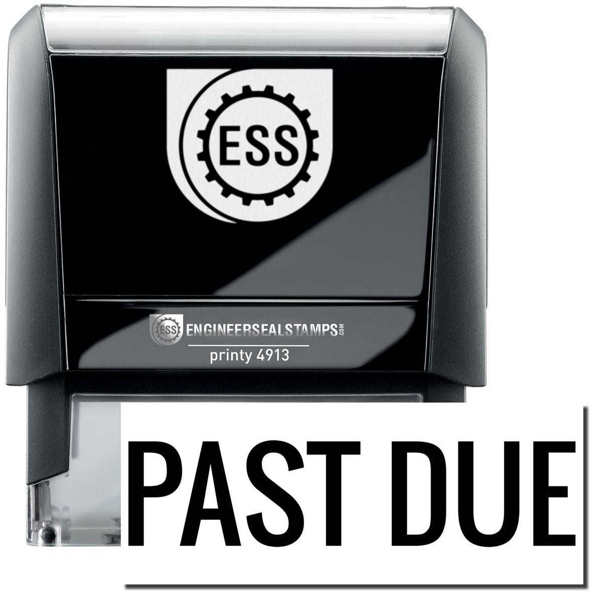 A self-inking stamp with a stamped image showing how the text &quot;PAST DUE&quot; in a large narrow bold font is displayed by it after stamping.