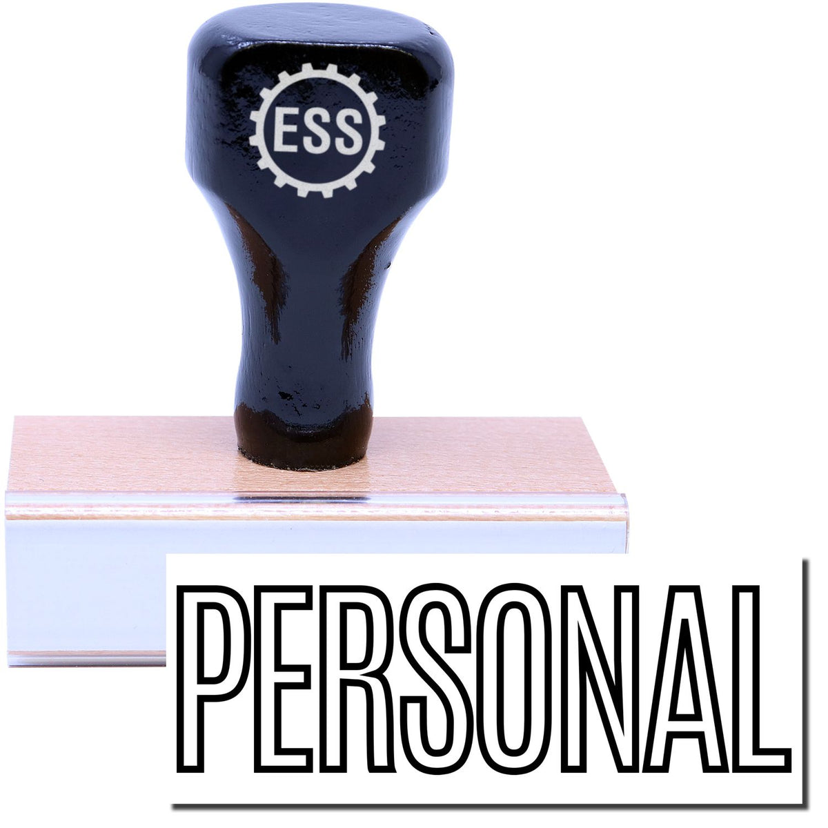A stock office rubber stamp with a stamped image showing how the text &quot;PERSONAL&quot; in a large outline font is displayed after stamping.