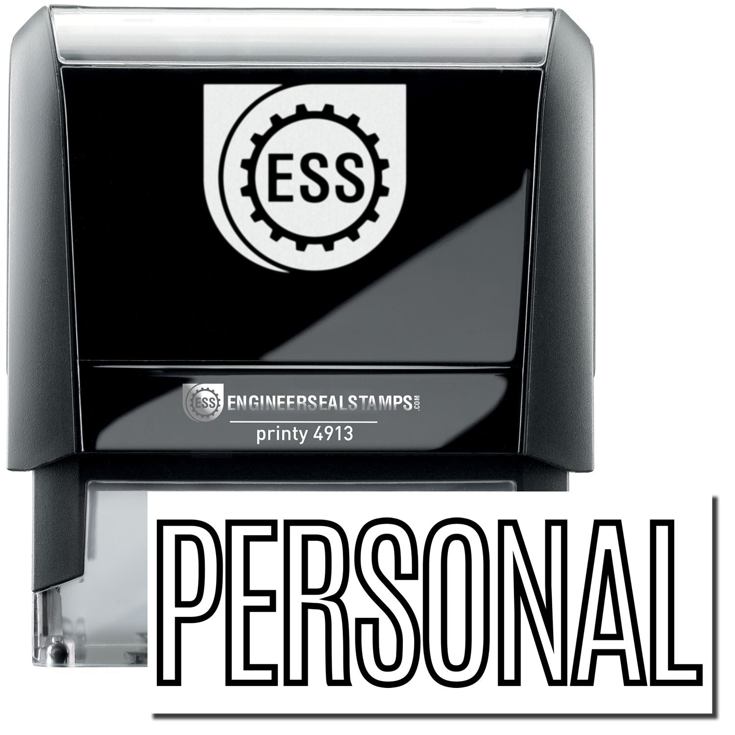 A self-inking stamp with a stamped image showing how the text PERSONAL in a large outline style is displayed by it after stamping.