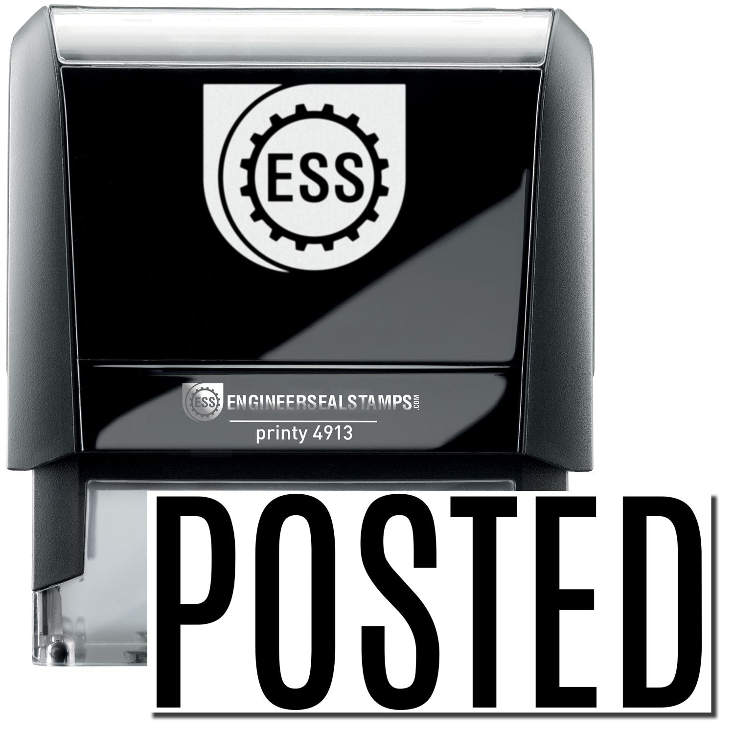 A self-inking stamp with a stamped image showing how the text POSTED in a large narrow font is displayed by it after stamping.