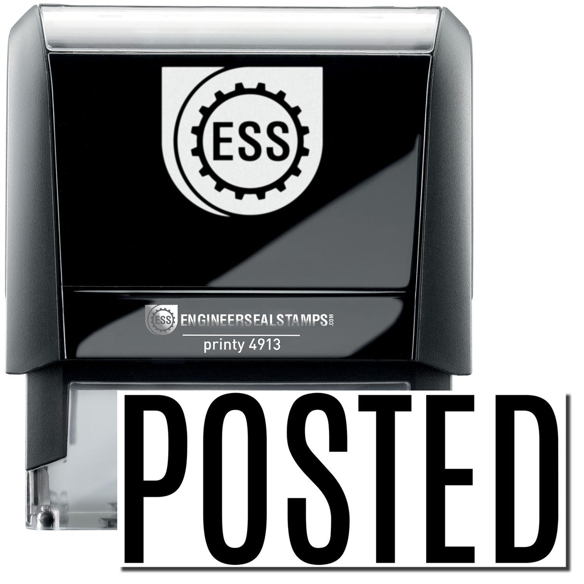 A self-inking stamp with a stamped image showing how the text &quot;POSTED&quot; in a large narrow font is displayed by it after stamping.