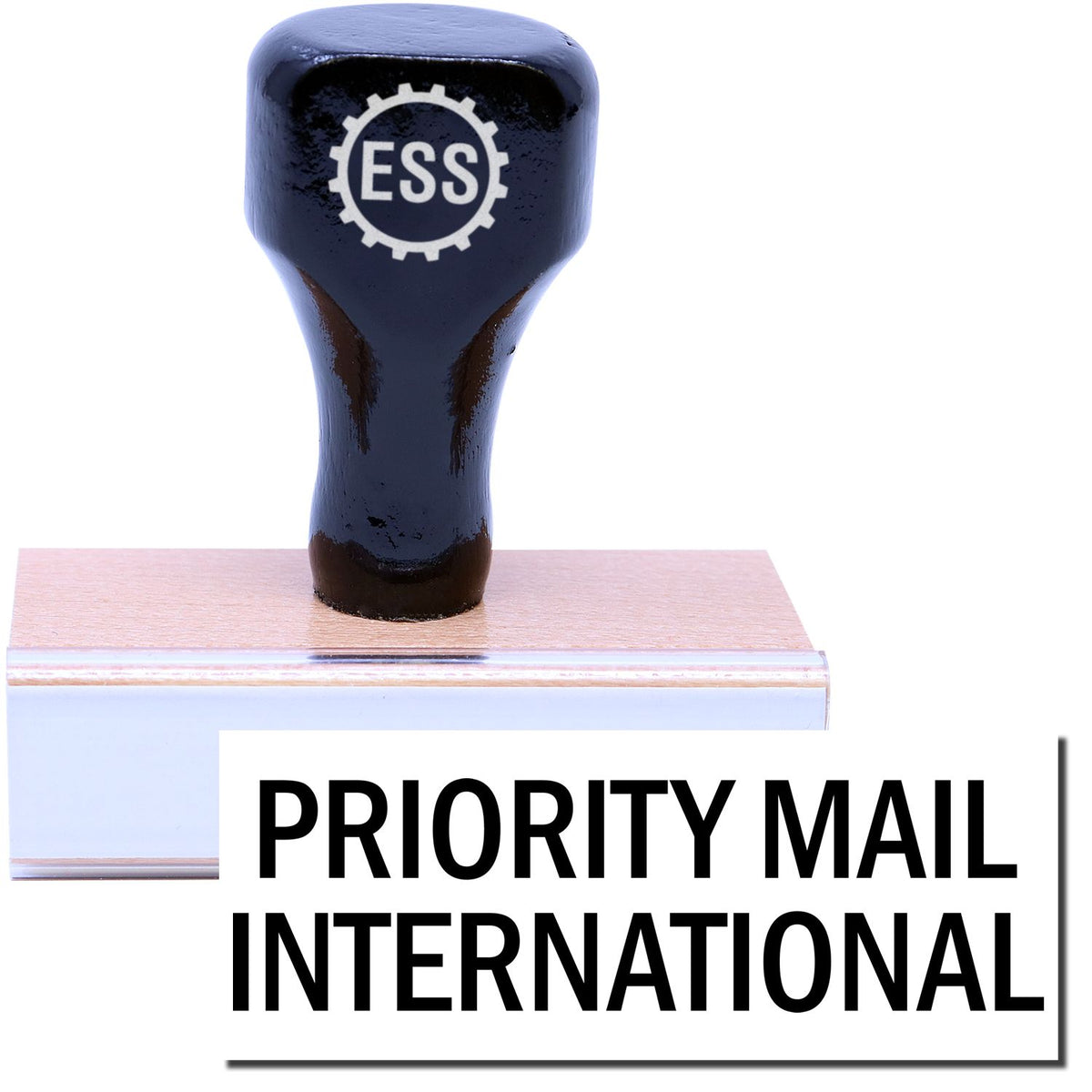 A stock office rubber stamp with a stamped image showing how the text &quot;PRIORITY MAIL INTERNATIONAL&quot; in a large font is displayed after stamping.