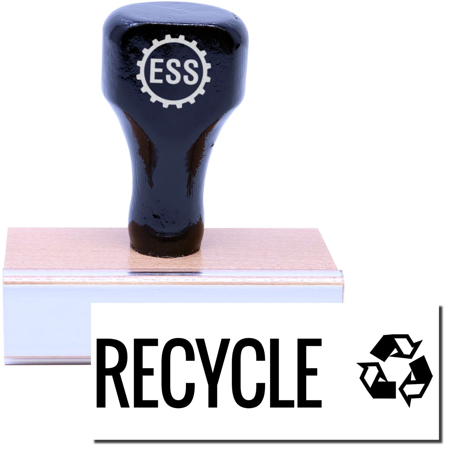 A stock office rubber stamp with a stamped image showing how the text "RECYCLE" in a large font with the recycling icon on the right side is displayed after stamping.