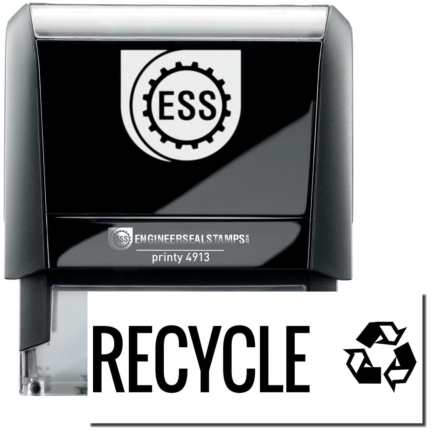 A self-inking stamp with a stamped image showing how the text RECYCLE in a large font with a Logo is displayed by it after stamping.