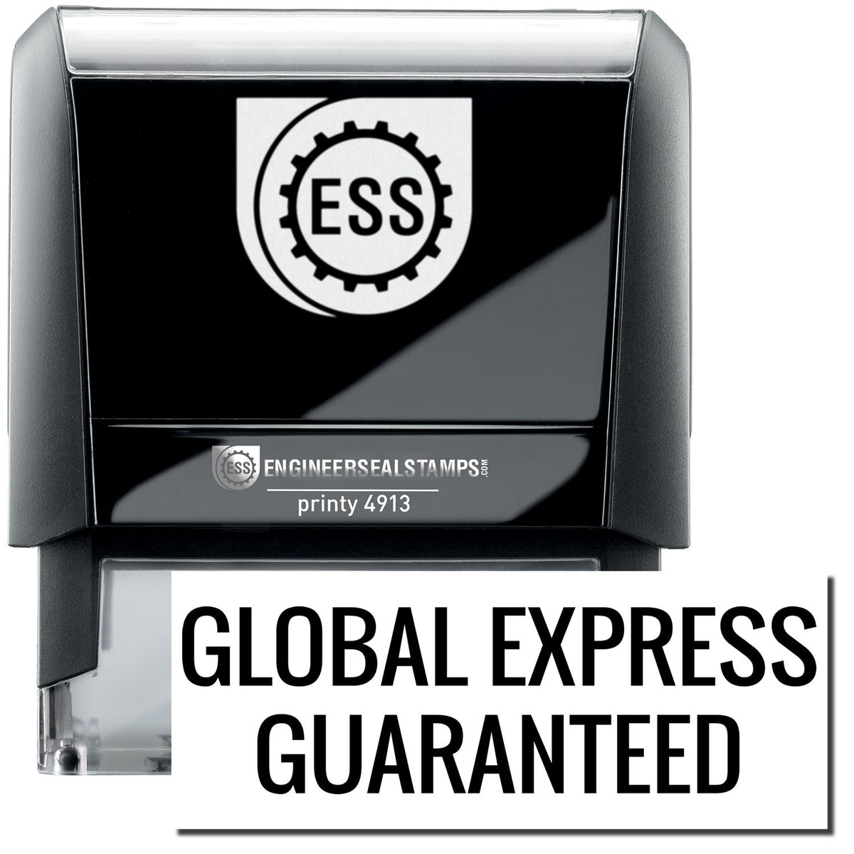 A self-inking stamp with a stamped image showing how the text &quot;GLOBAL EXPRESS GUARANTEED&quot; in a large font is displayed by it after stamping.