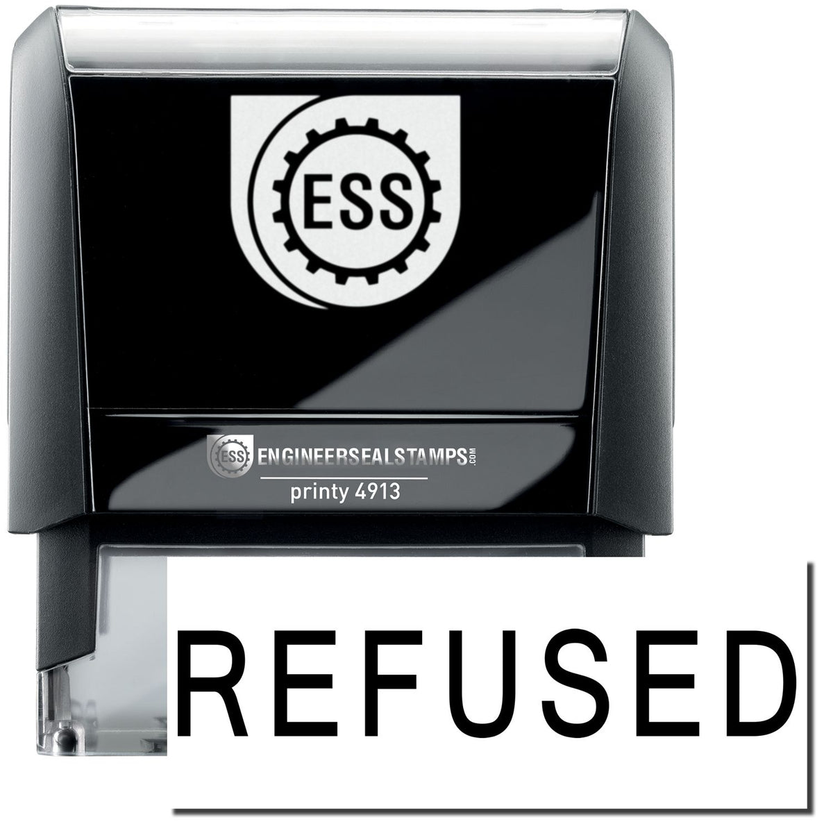 A self-inking stamp with a stamped image showing how the text &quot;REFUSED&quot; in a large font is displayed by it after stamping.