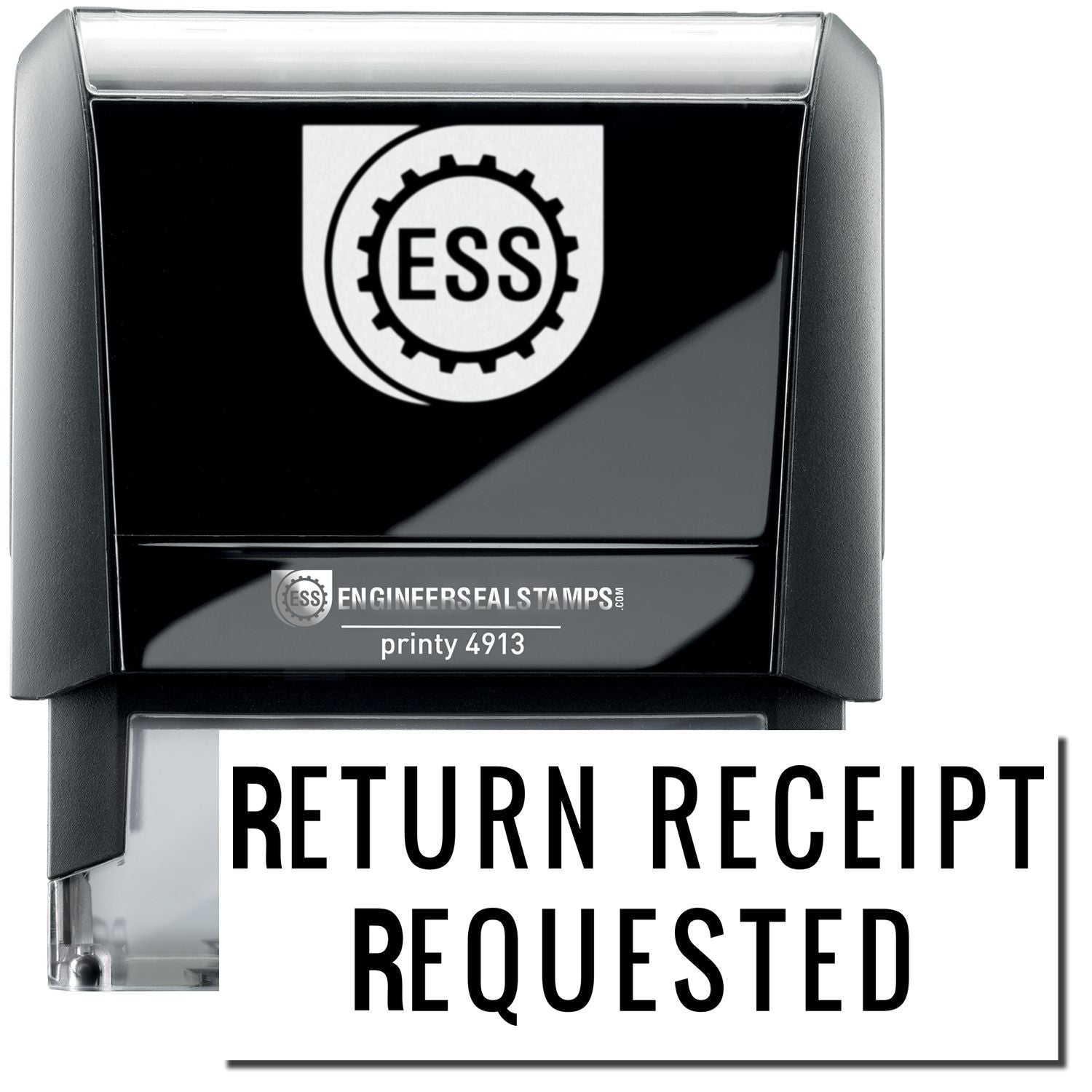 A self inking stamp with a stamped image showing how the text RETURN RECEIPT REQUESTED in a large narrow font is displayed.