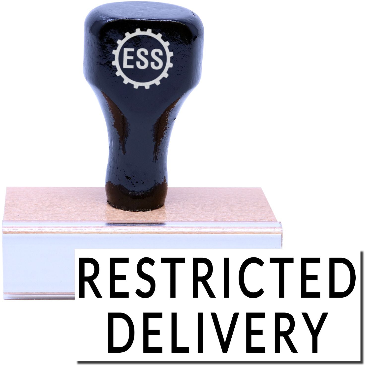 A stock office rubber stamp with a stamped image showing how the text RESTRICTED DELIVERY in a large font is displayed after stamping.