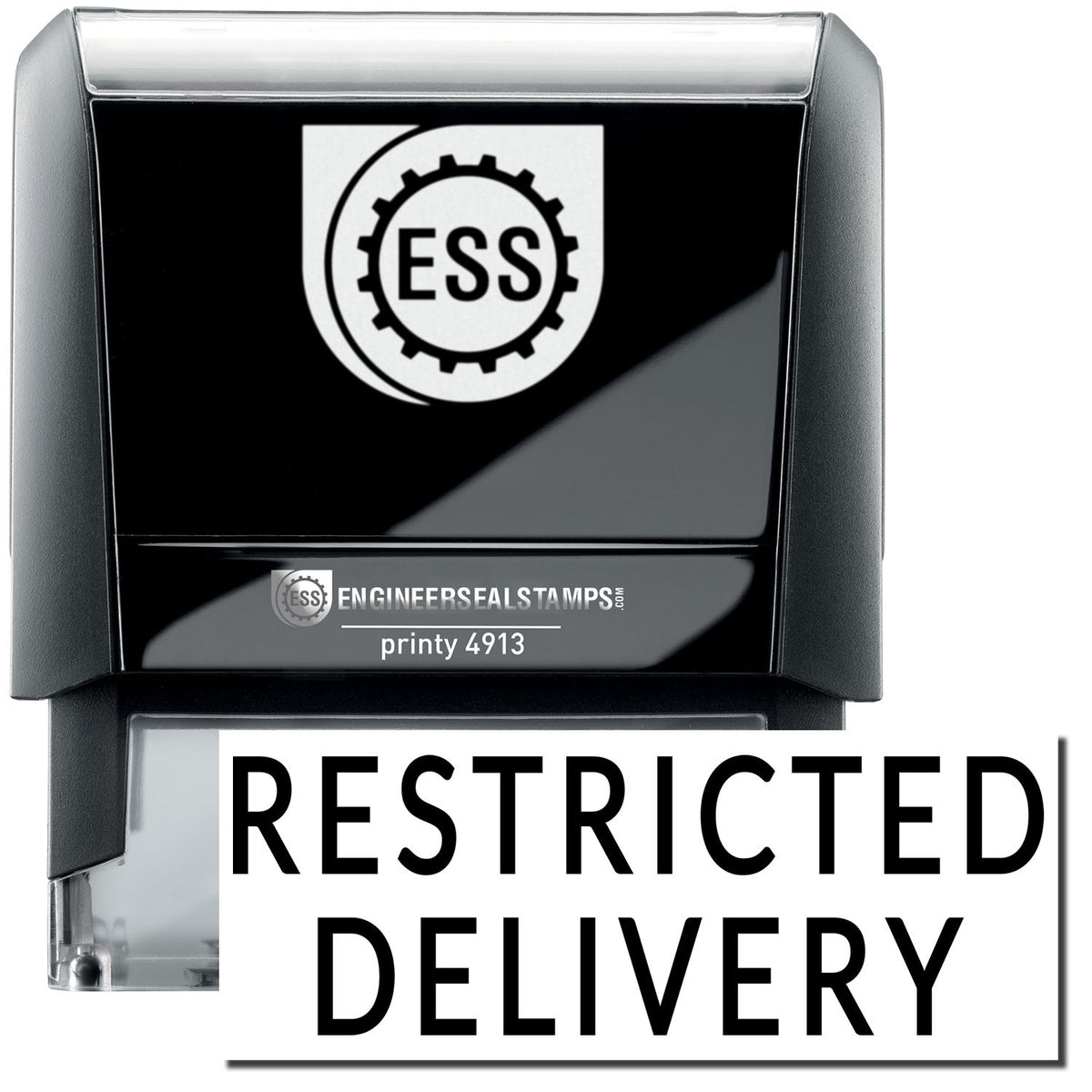 A self-inking stamp with a stamped image showing how the text &quot;RESTRICTED DELIVERY&quot; in a large font is displayed by it after stamping.