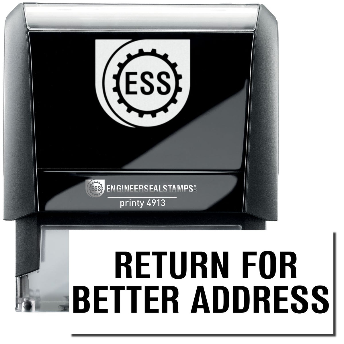 A self-inking stamp with a stamped image showing how the text &quot;RETURN FOR BETTER ADDRESS&quot; in a large font is displayed by it after stamping.