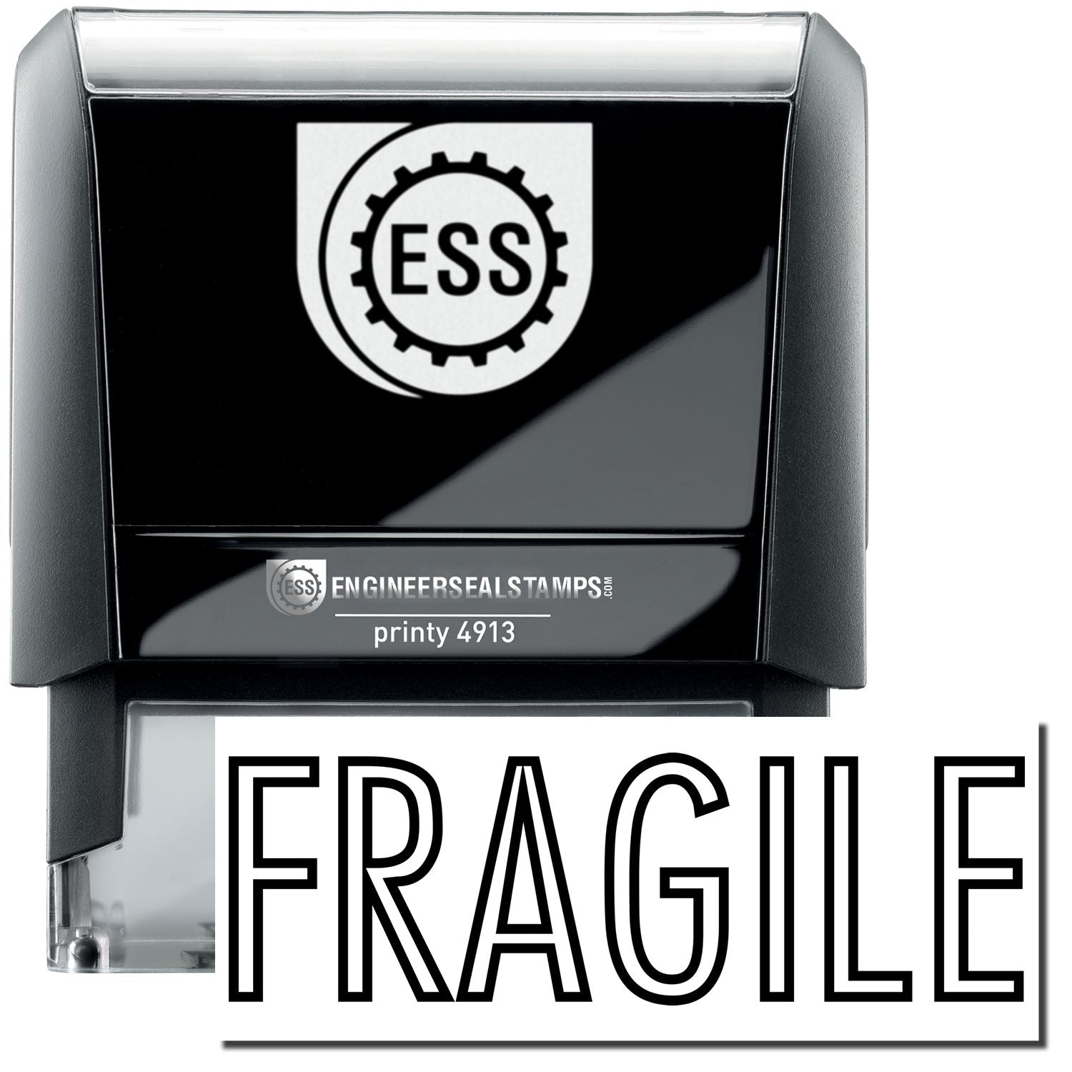 A self-inking stamp with a stamped image showing how the text FRAGILE in a large outline style is displayed by it after stamping.