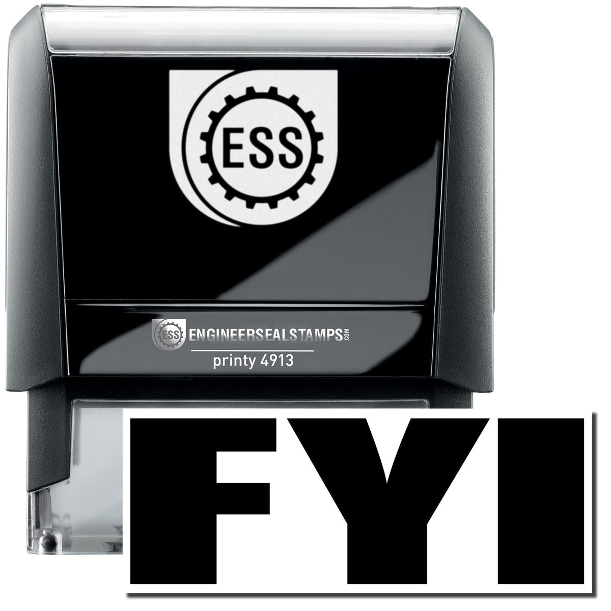 A self-inking stamp with a stamped image showing how the text &quot;FYI&quot; in a large bold font is displayed by it after stamping.