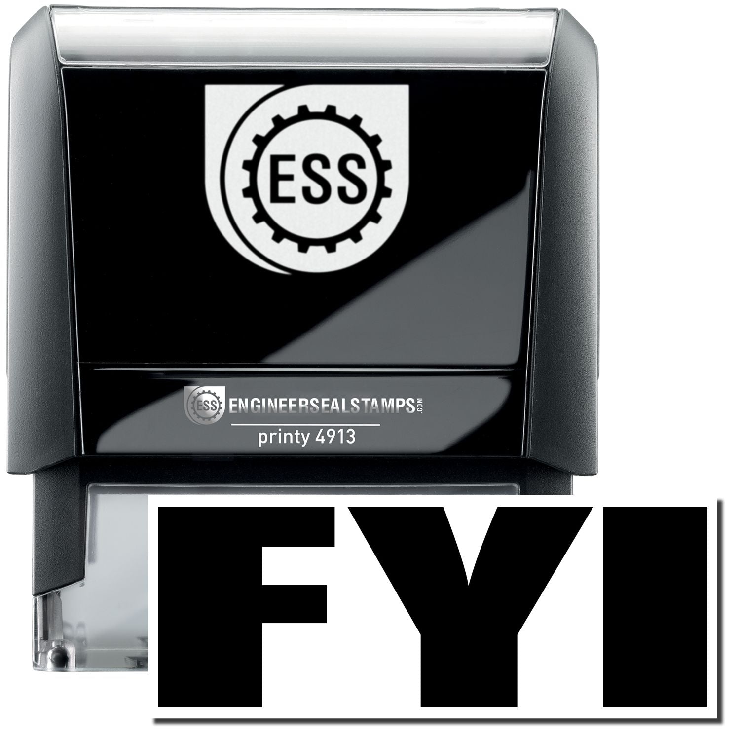 A self-inking stamp with a stamped image showing how the text "FYI" in a large bold font is displayed by it after stamping.