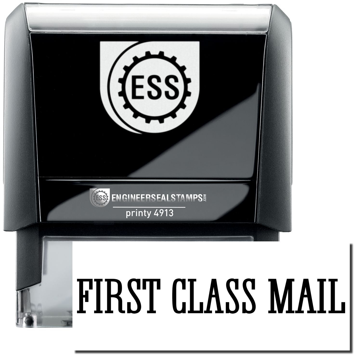 A self-inking stamp with a stamped image showing how the text FIRST CLASS MAIL in a large times font is displayed by it after stamping.