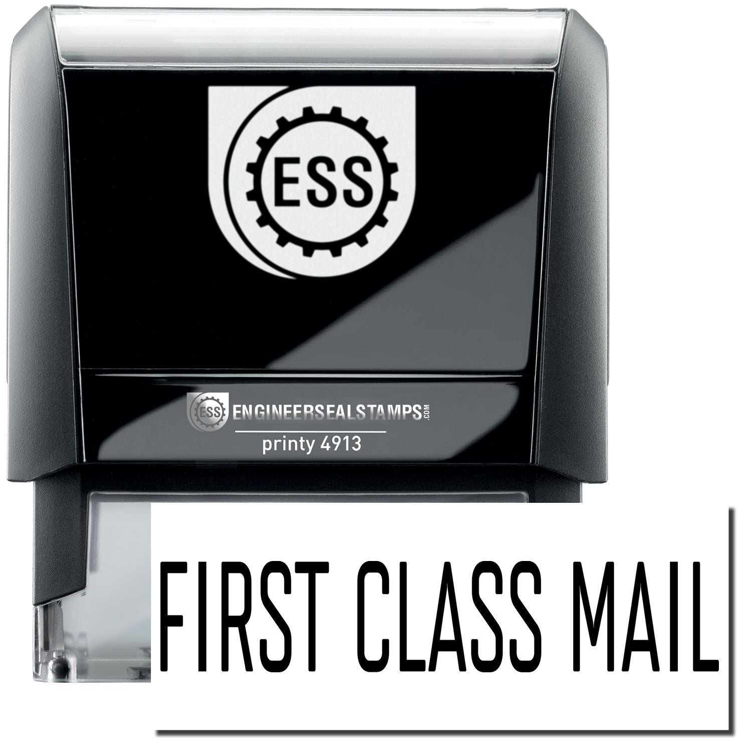 A self-inking stamp with a stamped image showing how the text FIRST CLASS MAIL in a large narrow font is displayed by it after stamping.