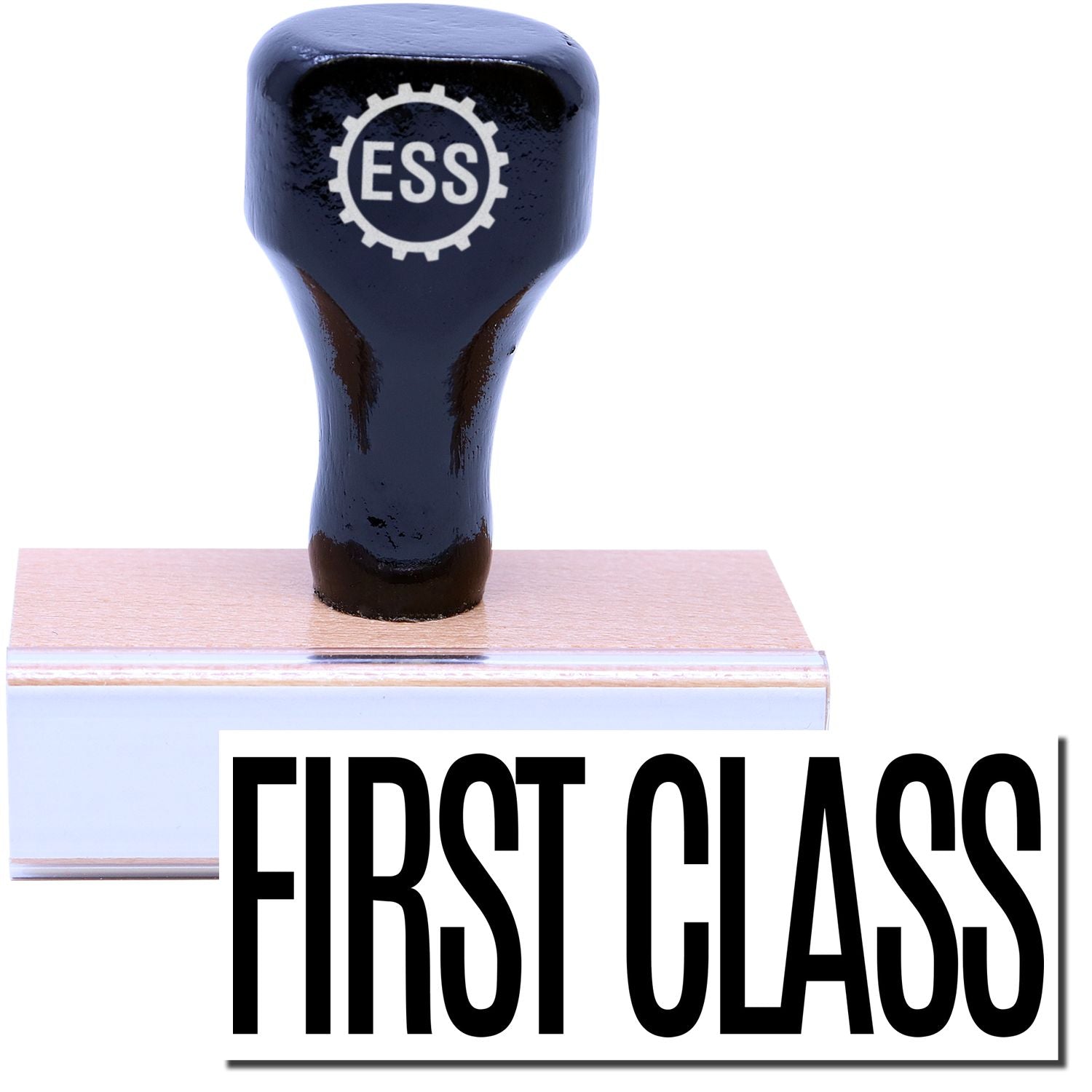 A stock office rubber stamp with a stamped image showing how the text "FIRST CLASS" in a large font is displayed after stamping.