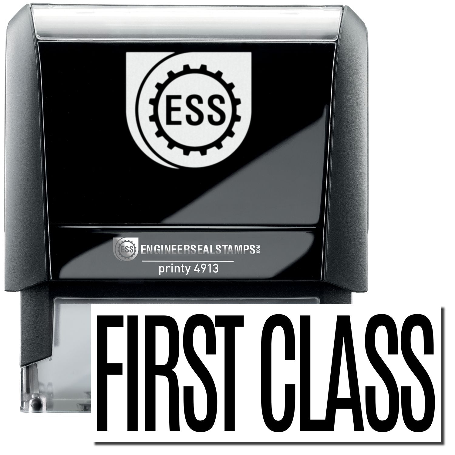 A self-inking stamp with a stamped image showing how the text FIRST CLASS in a large font is displayed by it after stamping.